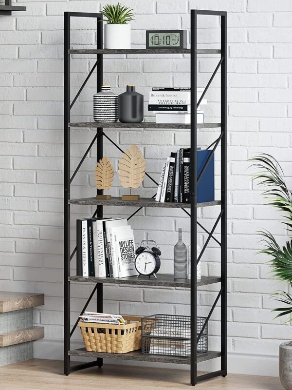 Dextrus 5-Tier Bookcase Storage Shelves, 65 in Ladder Bookshelf, Industrial Furniture for Bedroom Living Room Office, Charcoal Gray &Black
