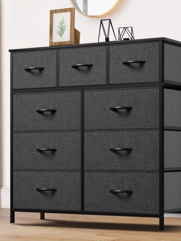 Dextrus Storage Dresser Furniture Fabric Storage Tower with 9 Drawers Fabric Storage Dresser, Black Gray