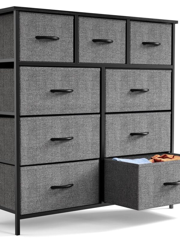 Fabric Storage Dresser with 9 Drawers, Steel Frame and Wooden Top for Bedroom, Closet, Entryway and Nursery, Gray