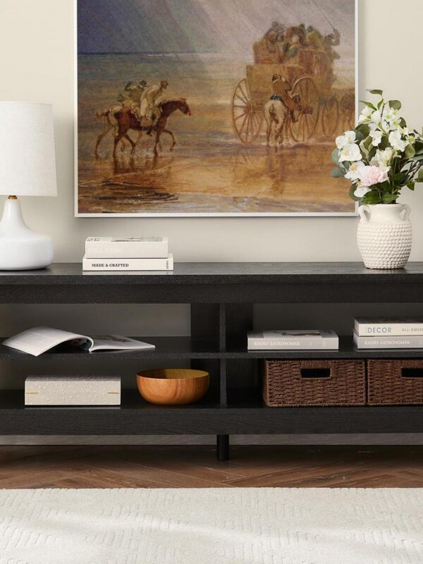 Farmhouse TV Stand for 65 60 Inch TV, Wood TV Media Console for 55 inch TV with 4 Cubby for Living Room Bedroom, Black