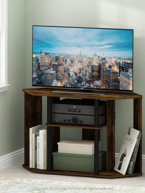 Furinno Classic TV Stand with Plastic Poles for TV up to 43 in., Amber Pine and Black