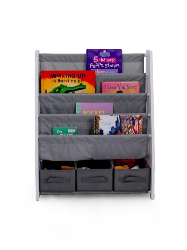 Humble Crew Kids Bookshelf 4 Tier Book Storage and Fabric Bin Organizer, Grey/White