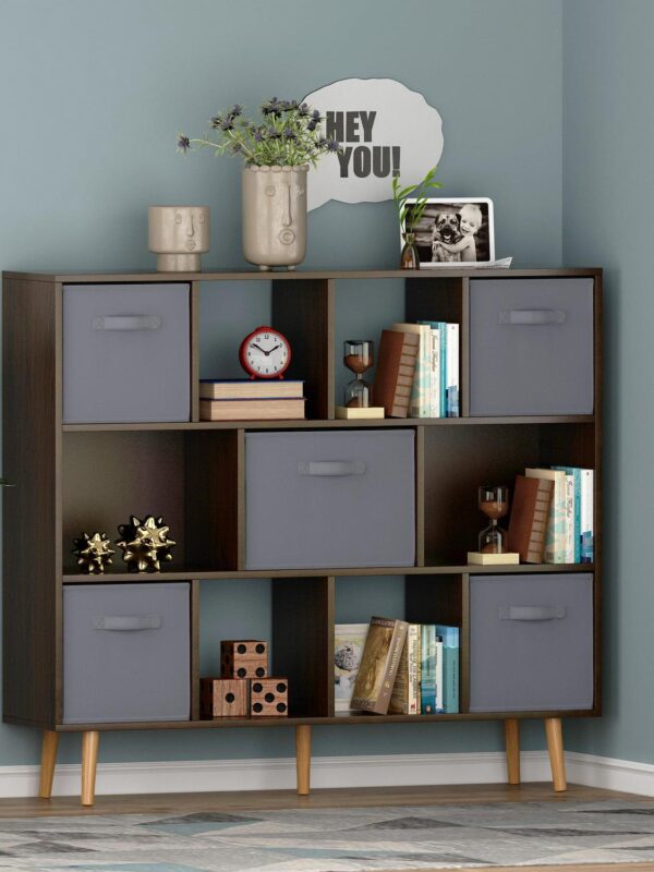 Ktaxon 11-Cube Bookcase with 5 Fabric Bins, Modern Storage Cabinet, Free Standing Storage Organizer for Kids Room, Living Room, Bedroom, Hallway, Brown