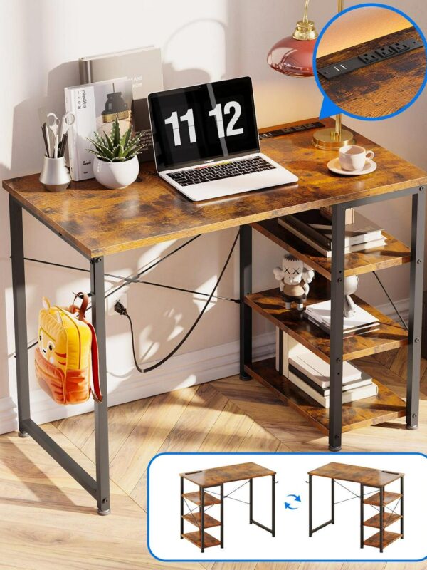 Modern Writing Desk with 3 Tier Shelves for Small Space, Computer Table with Power Outlet and USB Charging Port, Vintage