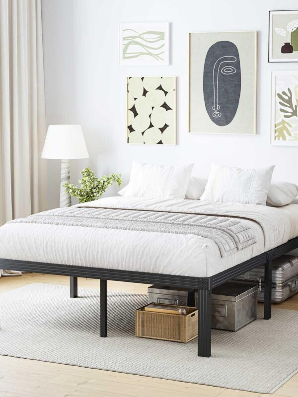 QFTIME 14  Queen Metal Bed Frame with Steel Slats, Heavy Duty Mattress Foundation