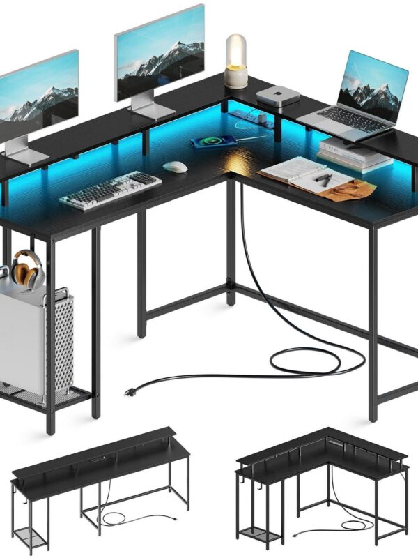 SUPERJARE L Shaped Desk with Outlets and USB Ports, Gaming Desk with LED Light Strip, Corner Computer Desk, L Office Desk, Monitor Stand, Hooks, and Storage Shelves, Black