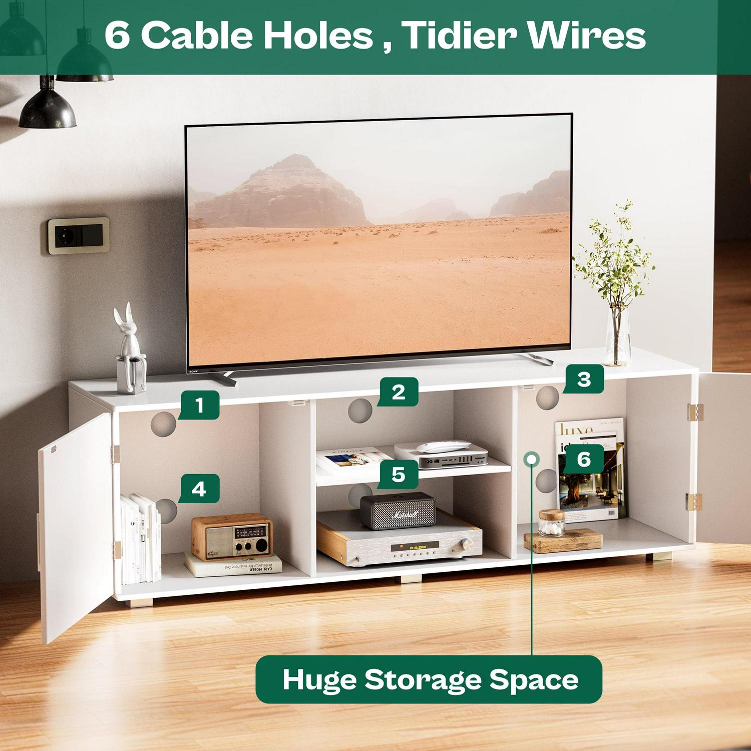 SUPERJARE White TV Stand for 55 TV, Modern Entertainment Center, TV Console Media Cabinet with Storage and Cable Holes for Living Room Bedroom - Image 2