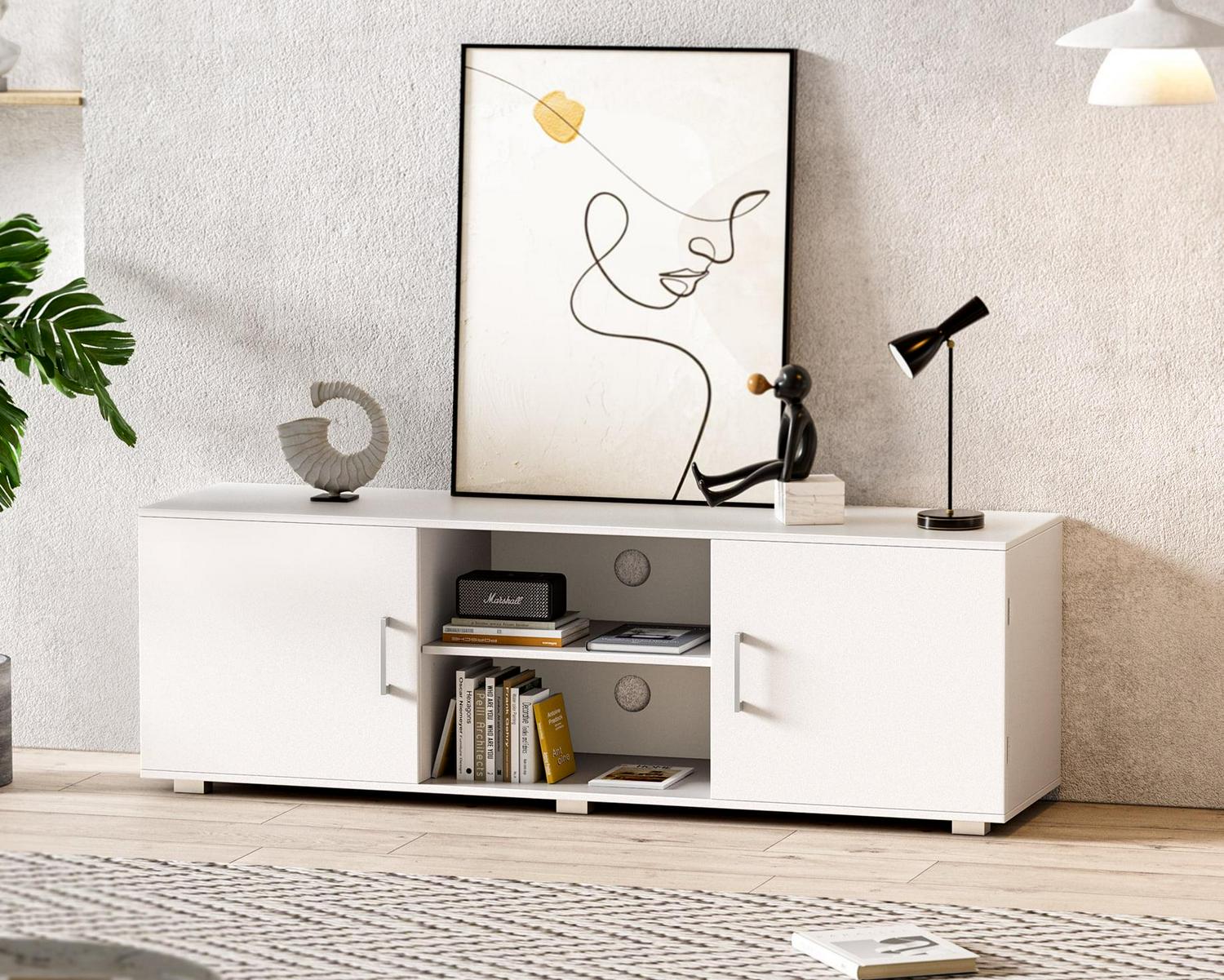 SUPERJARE White TV Stand for 55 TV, Modern Entertainment Center, TV Console Media Cabinet with Storage and Cable Holes for Living Room Bedroom