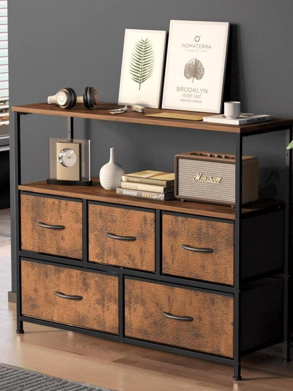 TV Stand, Entertainment Center Dresser with 5 Fabric Drawers with Open Storage Shelf for Bedroom Living Room Hallway, Rustic Brown
