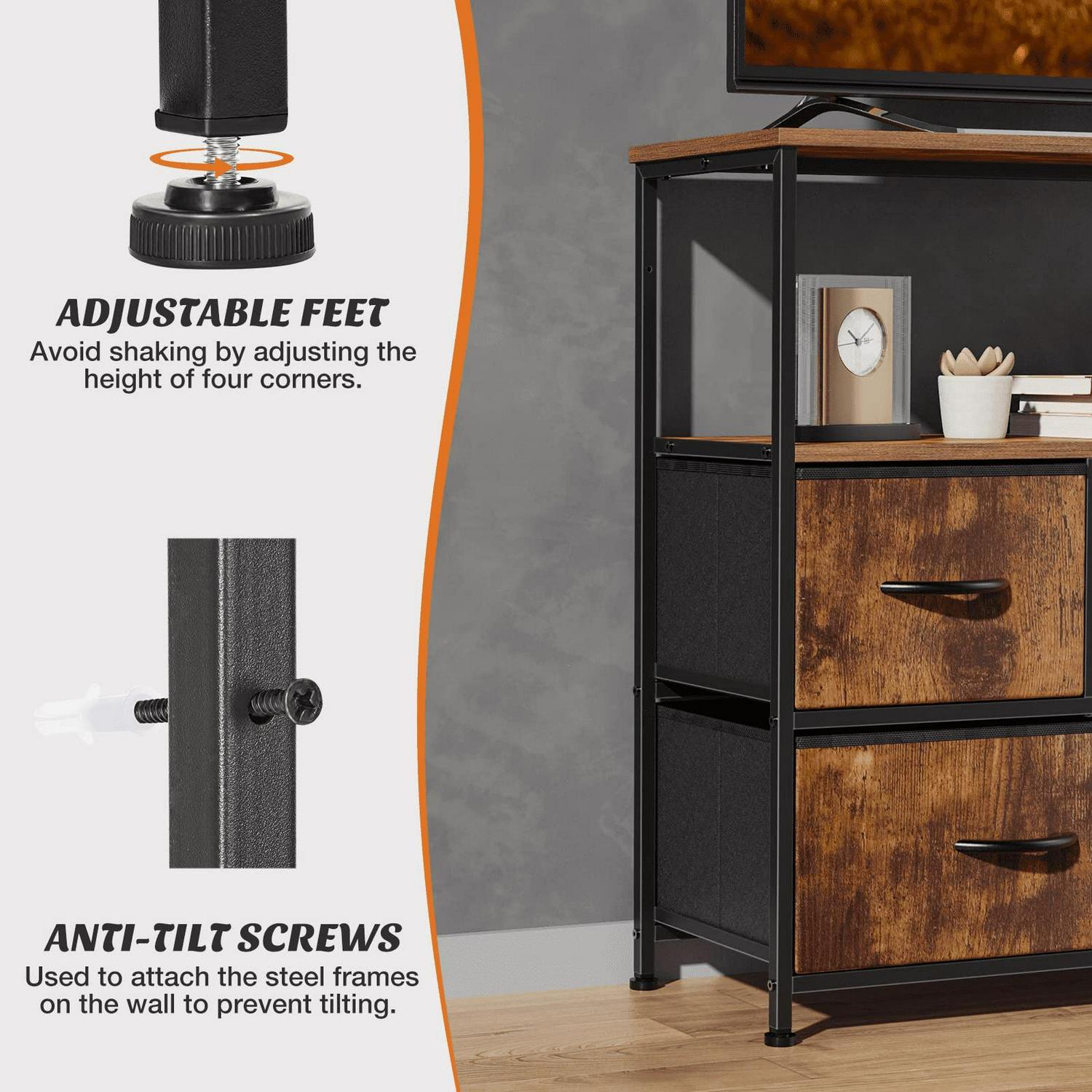 TV Stand, Entertainment Center Dresser with 5 Fabric Drawers with Open Storage Shelf for Bedroom Living Room Hallway, Rustic Brown - Image 5