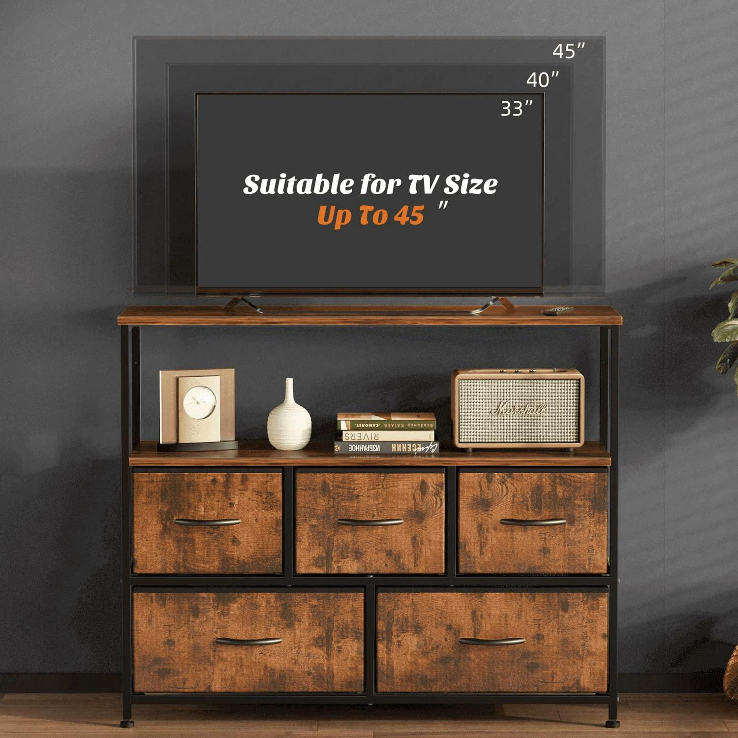 TV Stand, Entertainment Center Dresser with 5 Fabric Drawers with Open Storage Shelf for Bedroom Living Room Hallway, Rustic Brown - Image 3