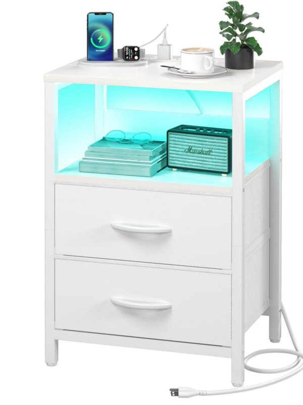 Yoobure Nightstand with Charging Station, LED Night Stand with Fabric Drawers and Storage Shelf for Bedroom, Small Nightstands Bedside Tables with USB Ports and Outlets,White