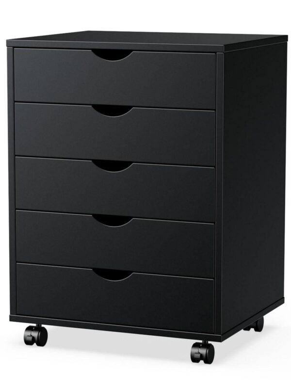ZUNMOS 5 Drawer Chest, Storage Cabinets Dressers Wood Dresser Cabinet with Wheels Mobile Organizer Drawers for Office, Bedroom, Home, Black