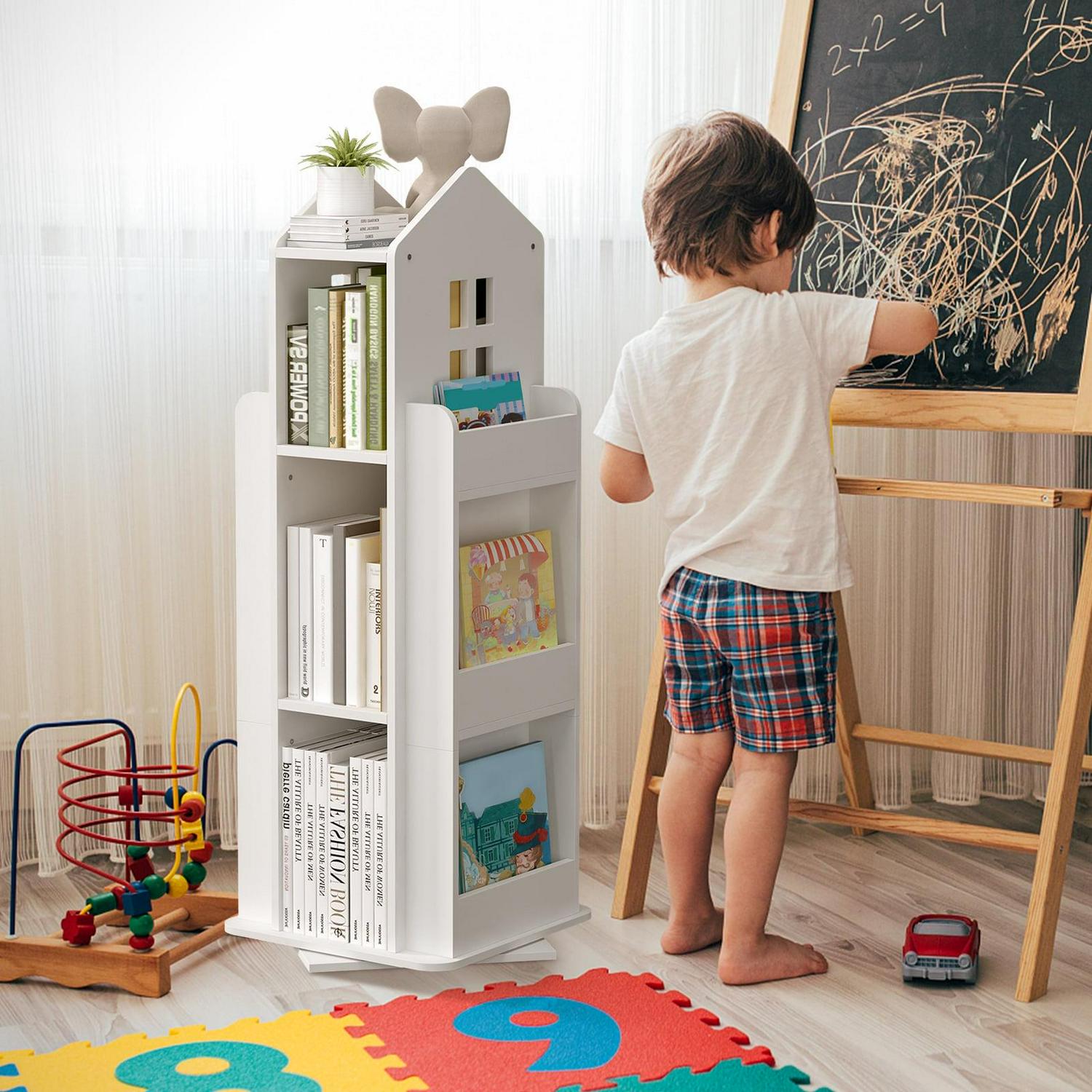 tonchean 360A Rotating Castle Bookcase, 37.4 Book and Toy Storage Organizer Rack, Kids Room White Corner Bookshelf Tower, Home Office Furniture - Image 10