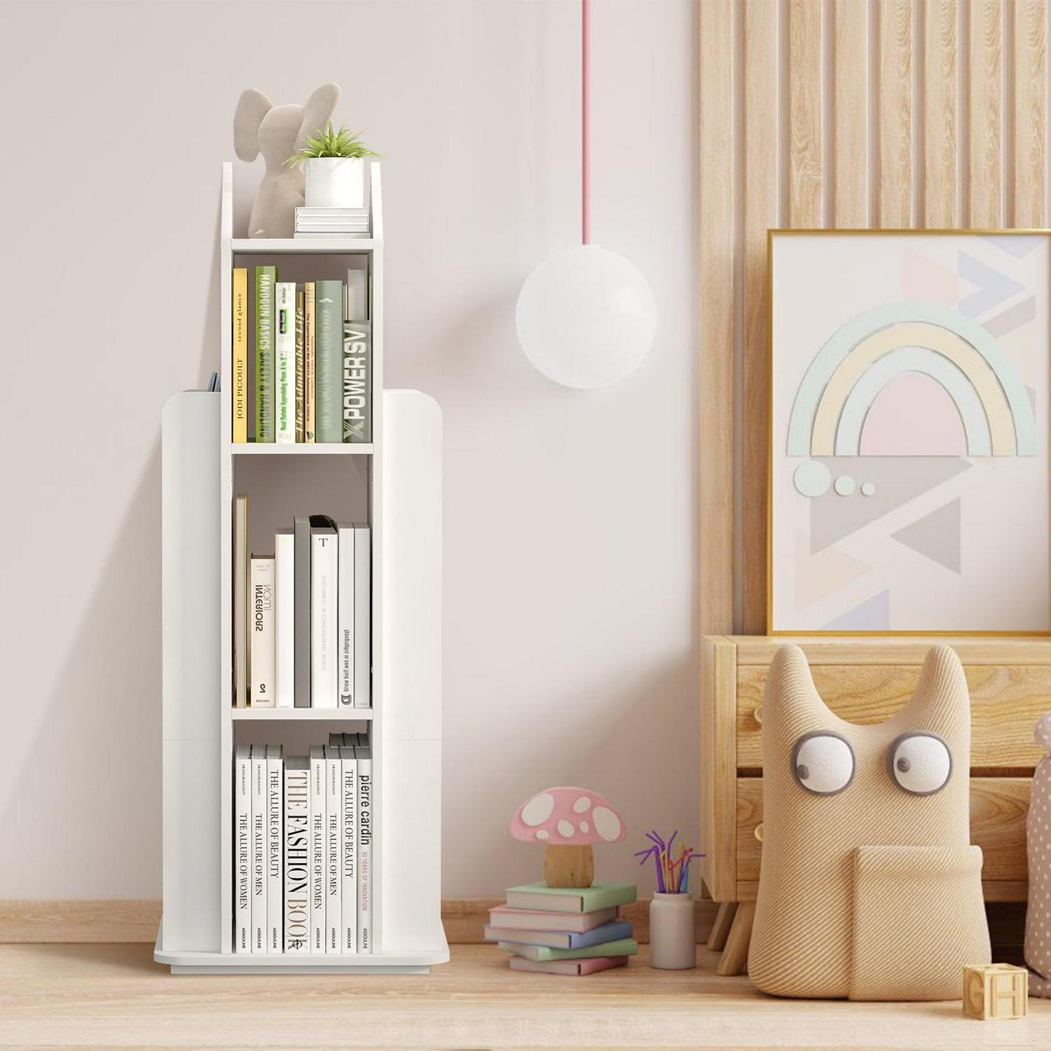 tonchean 360A Rotating Castle Bookcase, 37.4 Book and Toy Storage Organizer Rack, Kids Room White Corner Bookshelf Tower, Home Office Furniture - Image 9