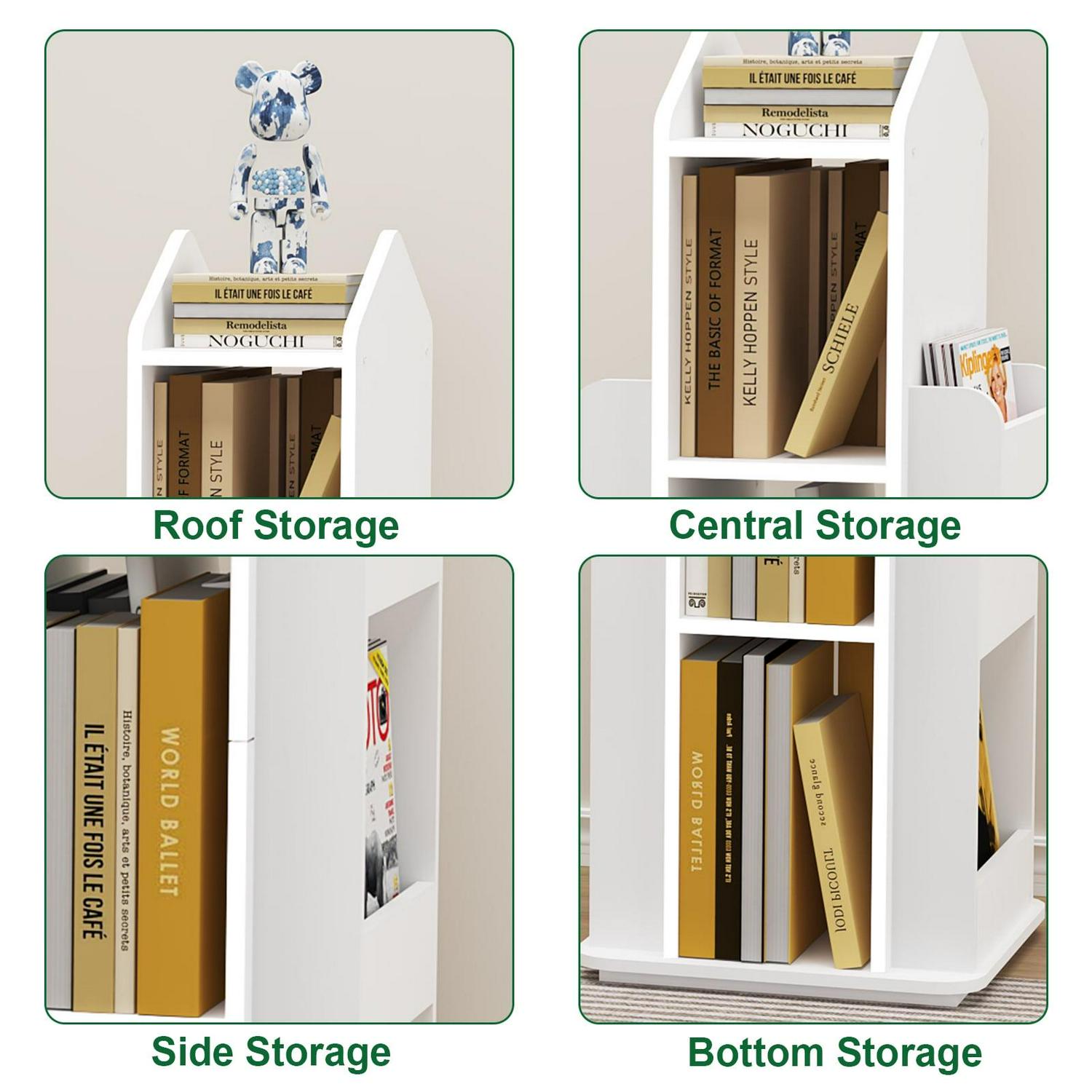 tonchean 360A Rotating Castle Bookcase, 37.4 Book and Toy Storage Organizer Rack, Kids Room White Corner Bookshelf Tower, Home Office Furniture - Image 3