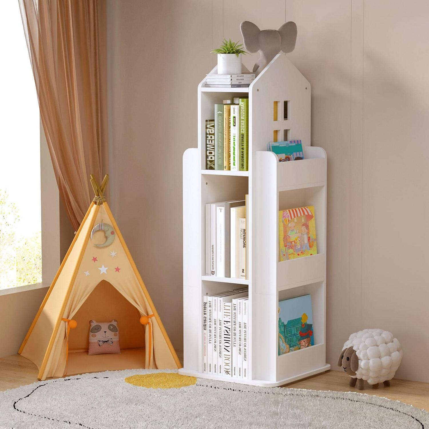tonchean 360A Rotating Castle Bookcase, 37.4 Book and Toy Storage Organizer Rack, Kids Room White Corner Bookshelf Tower, Home Office Furniture - Image 4
