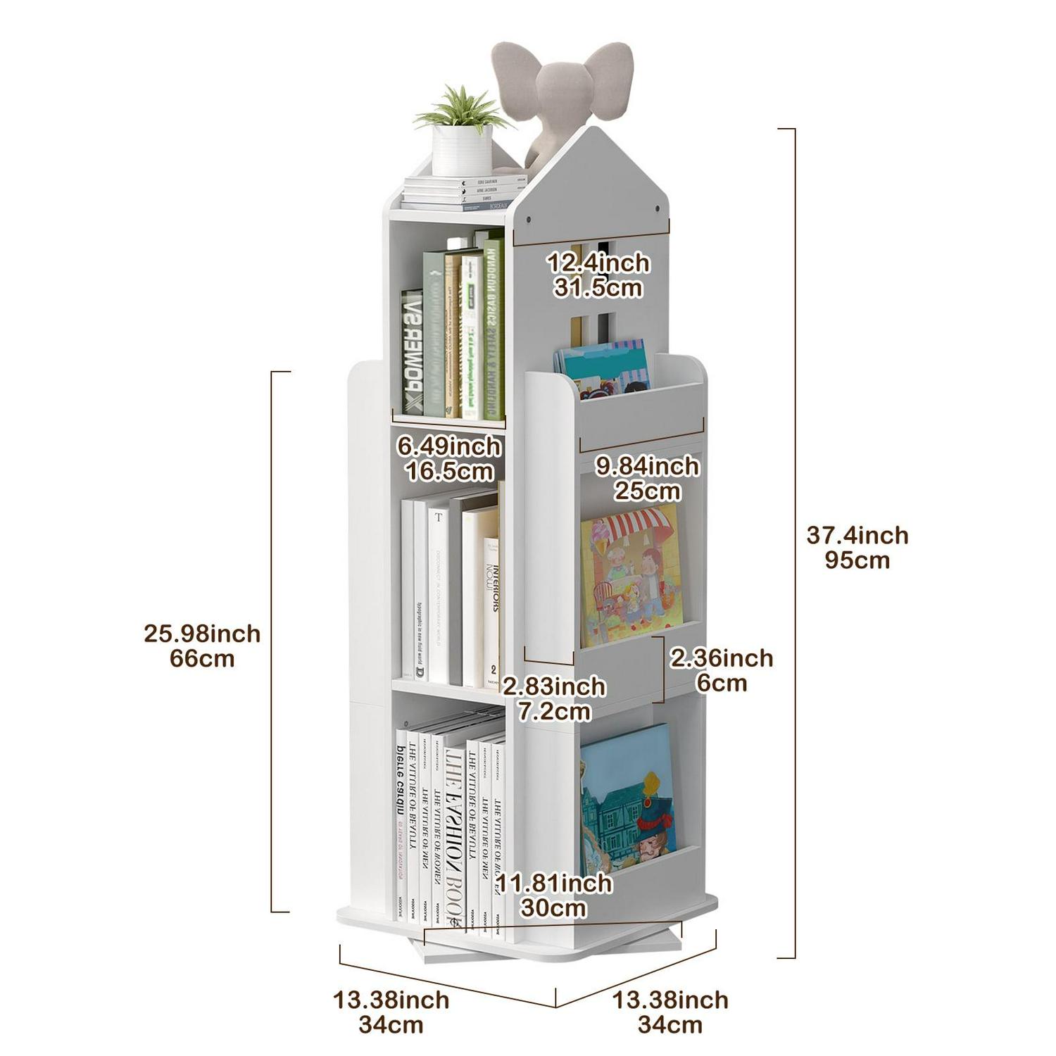 tonchean 360A Rotating Castle Bookcase, 37.4 Book and Toy Storage Organizer Rack, Kids Room White Corner Bookshelf Tower, Home Office Furniture - Image 2