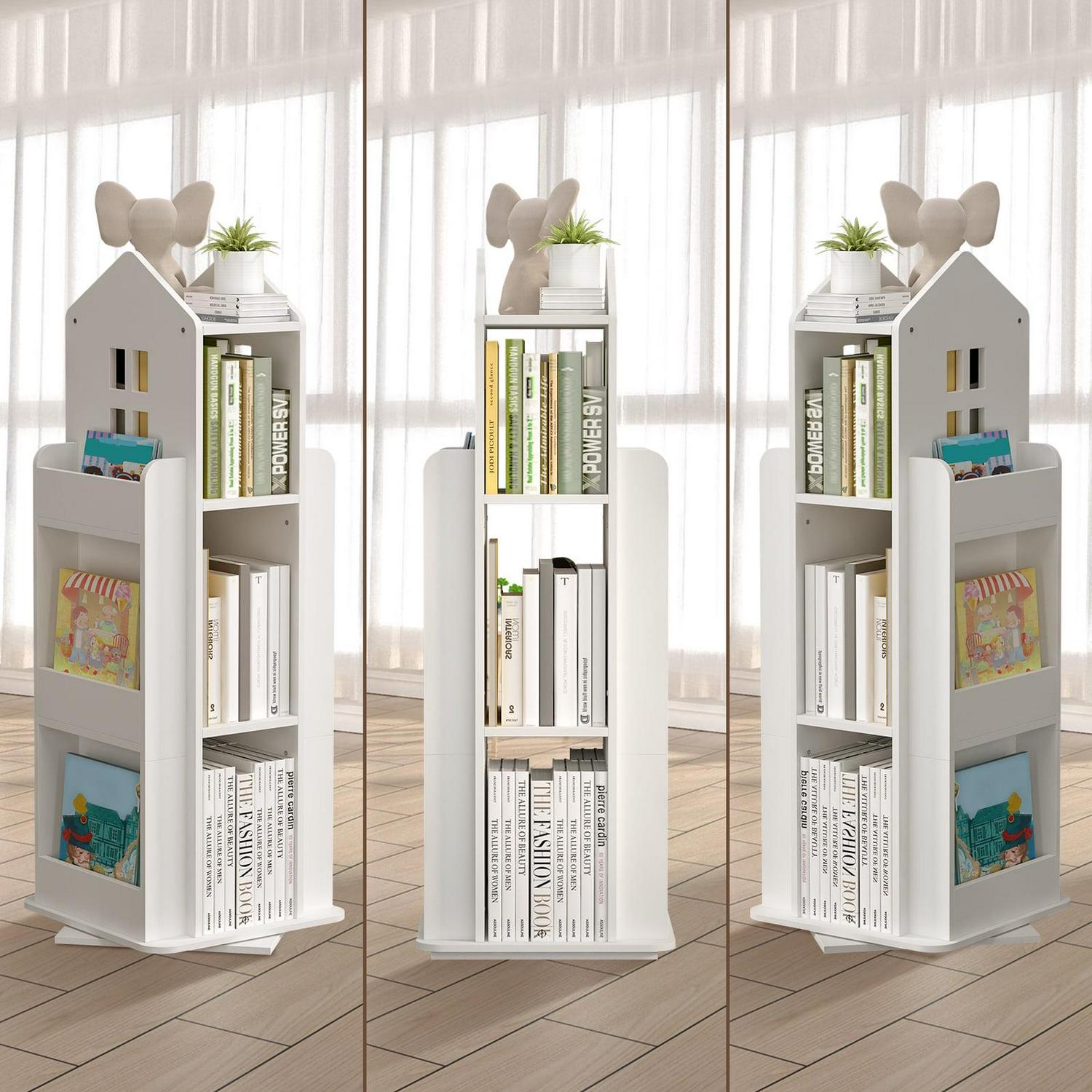 tonchean 360A Rotating Castle Bookcase, 37.4 Book and Toy Storage Organizer Rack, Kids Room White Corner Bookshelf Tower, Home Office Furniture - Image 11