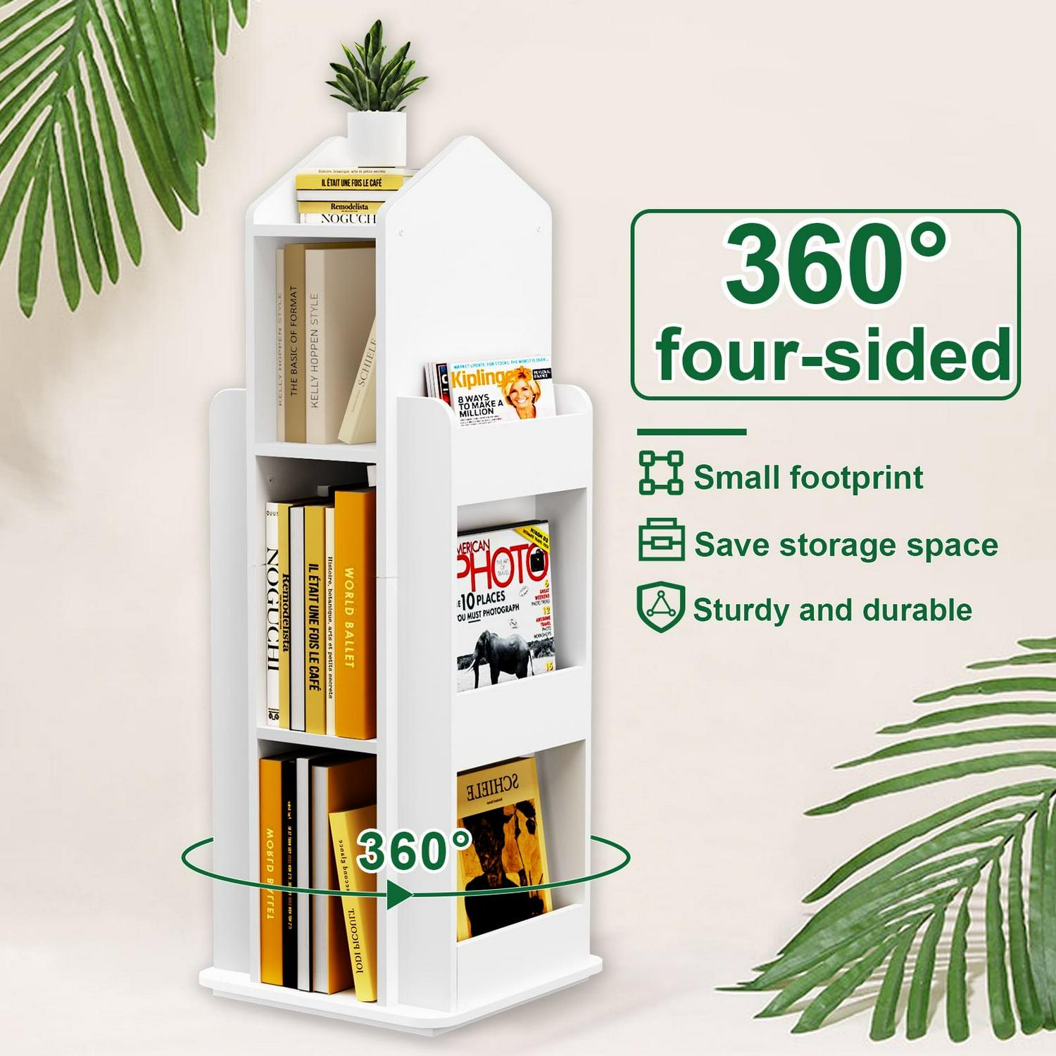 tonchean 360A Rotating Castle Bookcase, 37.4 Book and Toy Storage Organizer Rack, Kids Room White Corner Bookshelf Tower, Home Office Furniture - Image 6