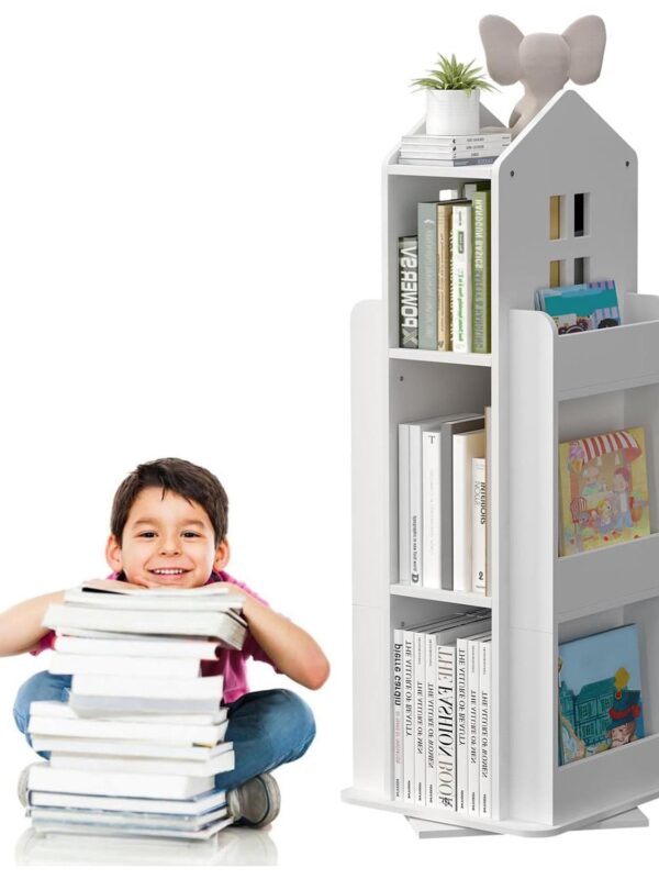 tonchean 360A Rotating Castle Bookcase, 37.4  Book and Toy Storage Organizer Rack, Kids Room White Corner Bookshelf Tower, Home Office Furniture