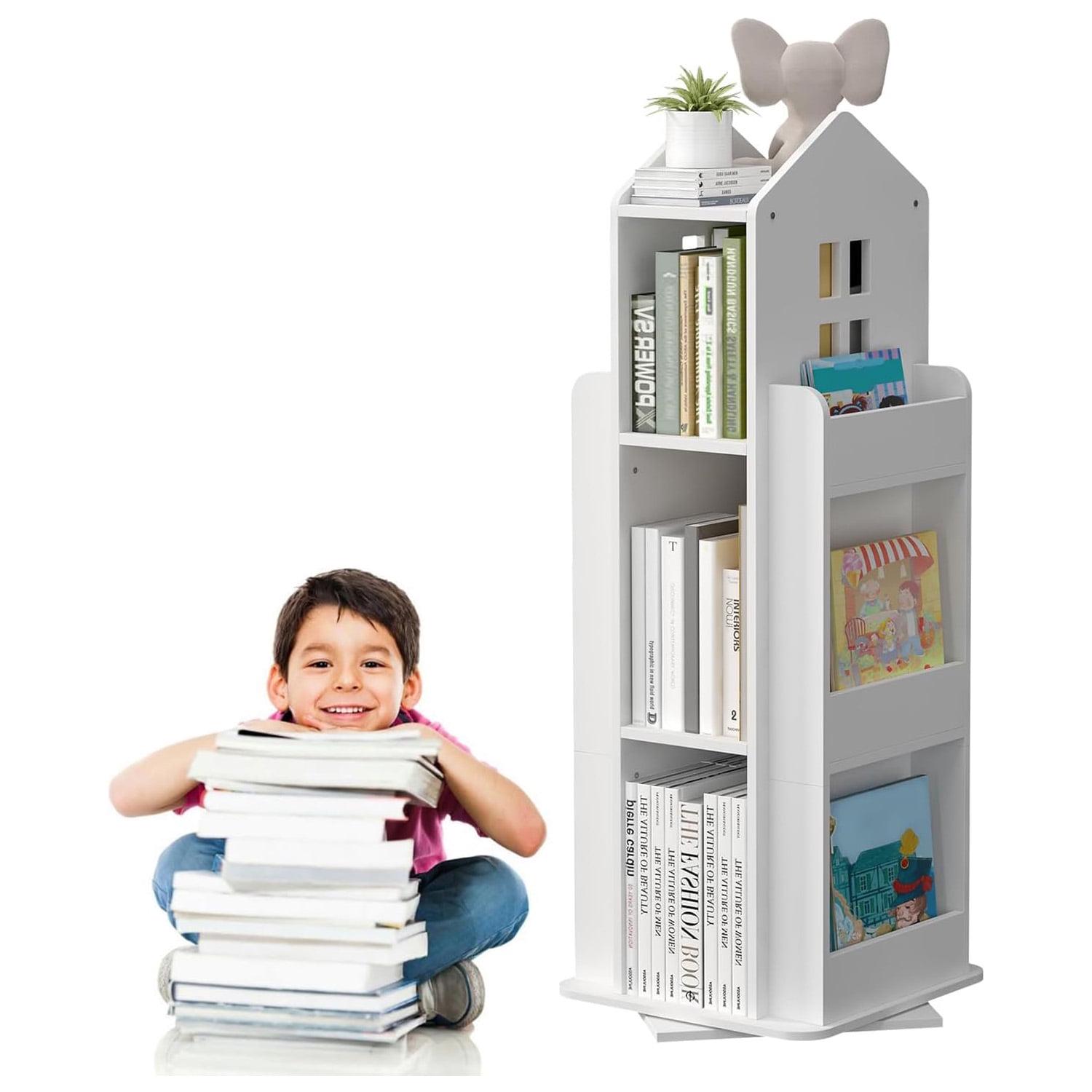 tonchean 360A Rotating Castle Bookcase, 37.4 Book and Toy Storage Organizer Rack, Kids Room White Corner Bookshelf Tower, Home Office Furniture