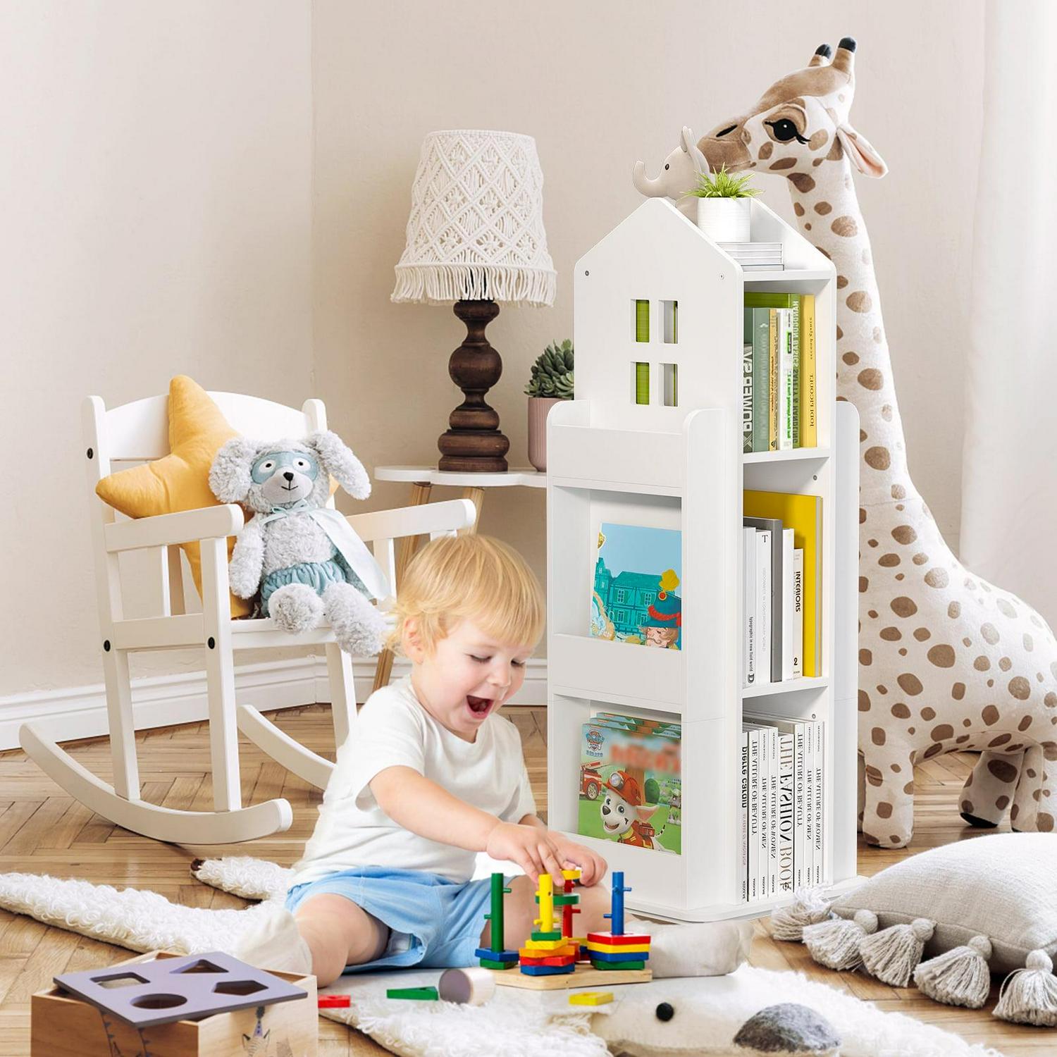 tonchean 360A Rotating Castle Bookcase, 37.4 Book and Toy Storage Organizer Rack, Kids Room White Corner Bookshelf Tower, Home Office Furniture - Image 8