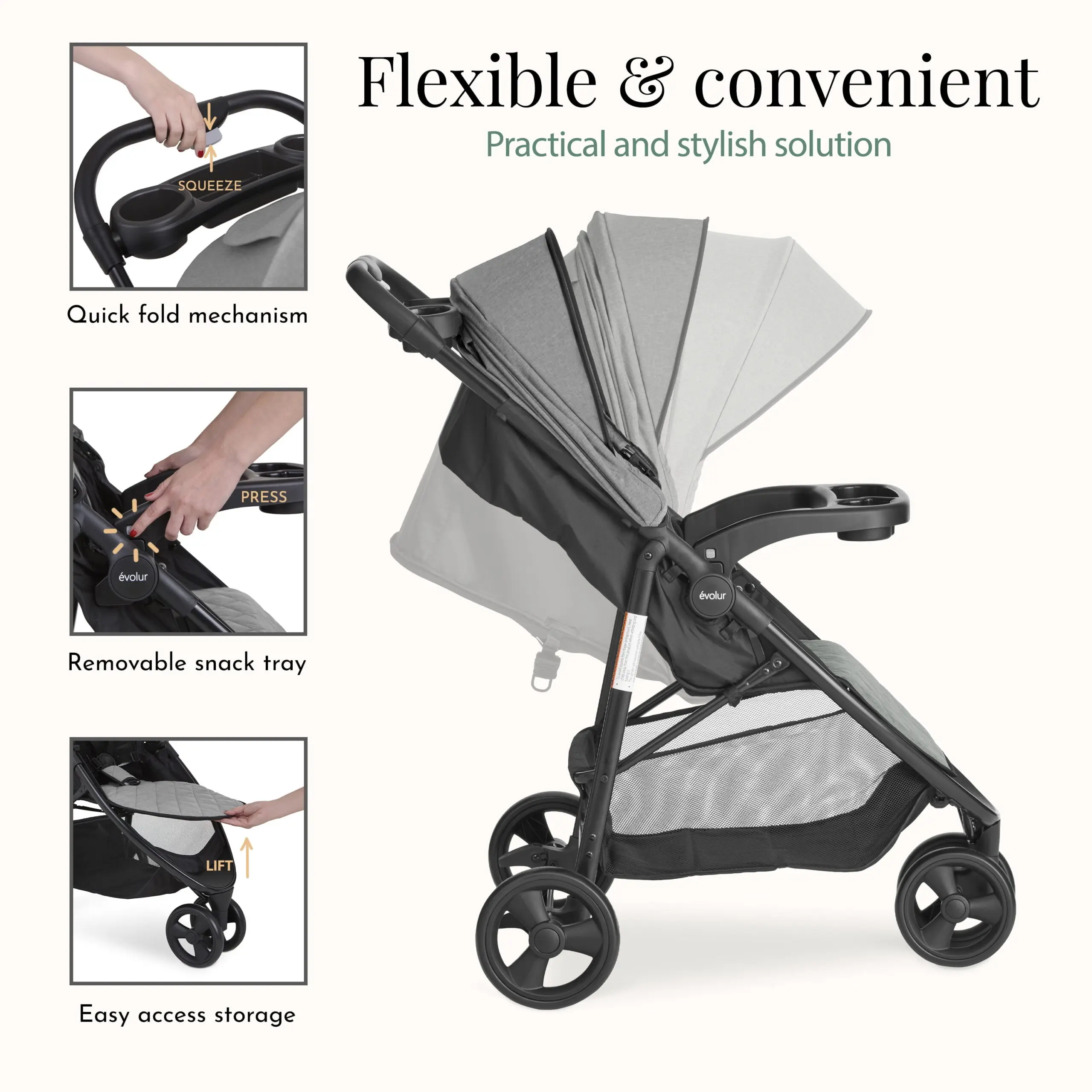 Evolur Breeze Lightweight Stroller Adjustable Backrest/Canopy, Storage Basket, Gray - Image 5