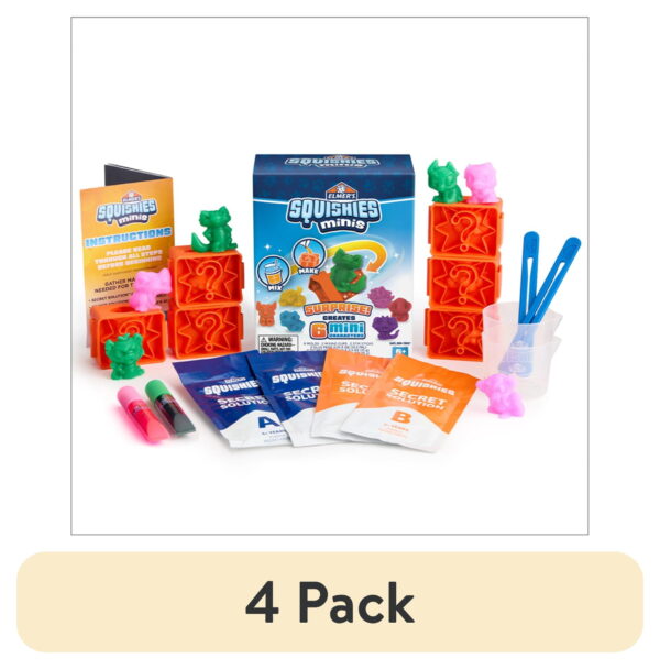 (4 pack) Elmer's Squishies Minis, DIY Miniature Squishy Toys, Arts and Crafts for Kids, Creates 6 Zoo Characters