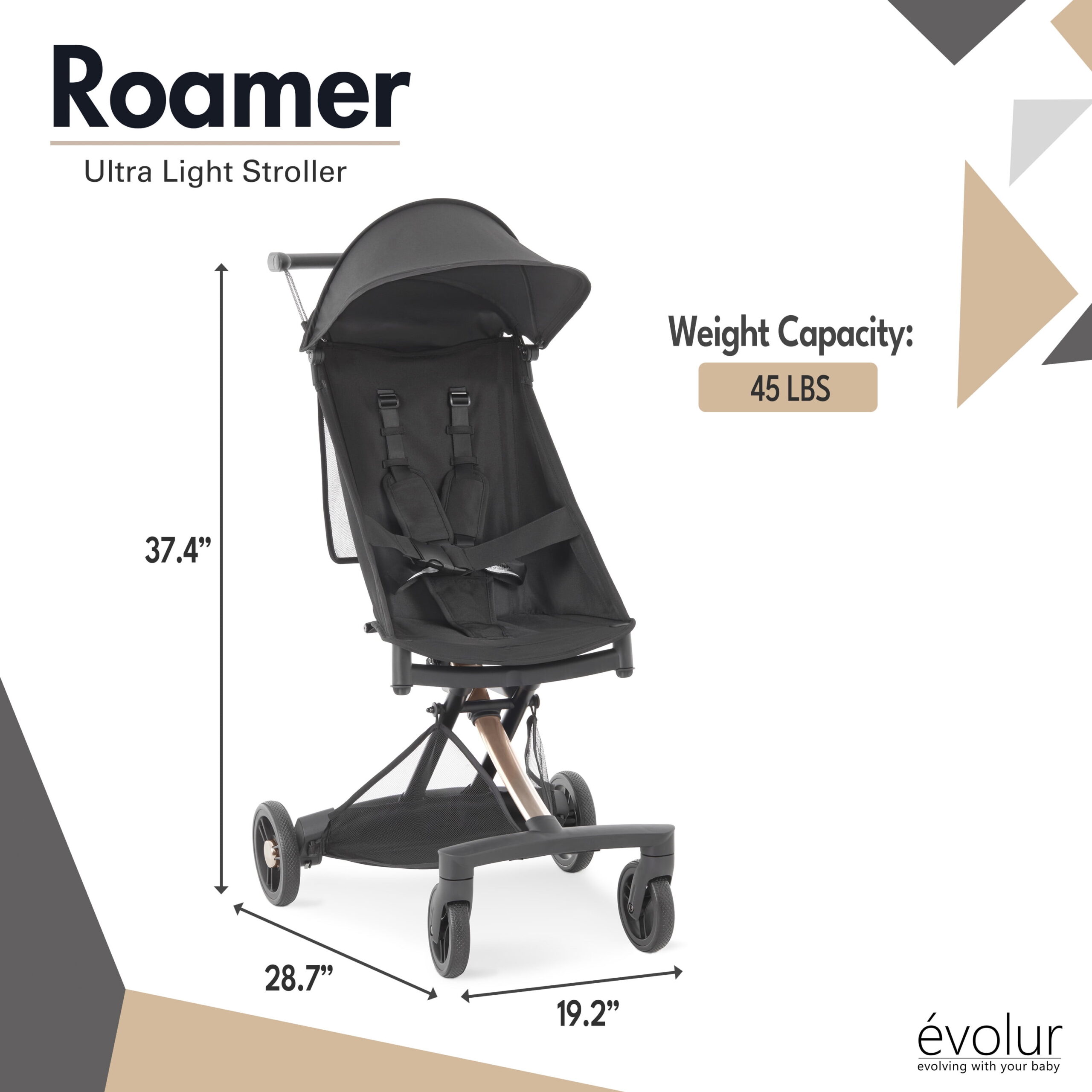 Evolur Roamer Ultra Light Stroller, Gold Black - Image 4
