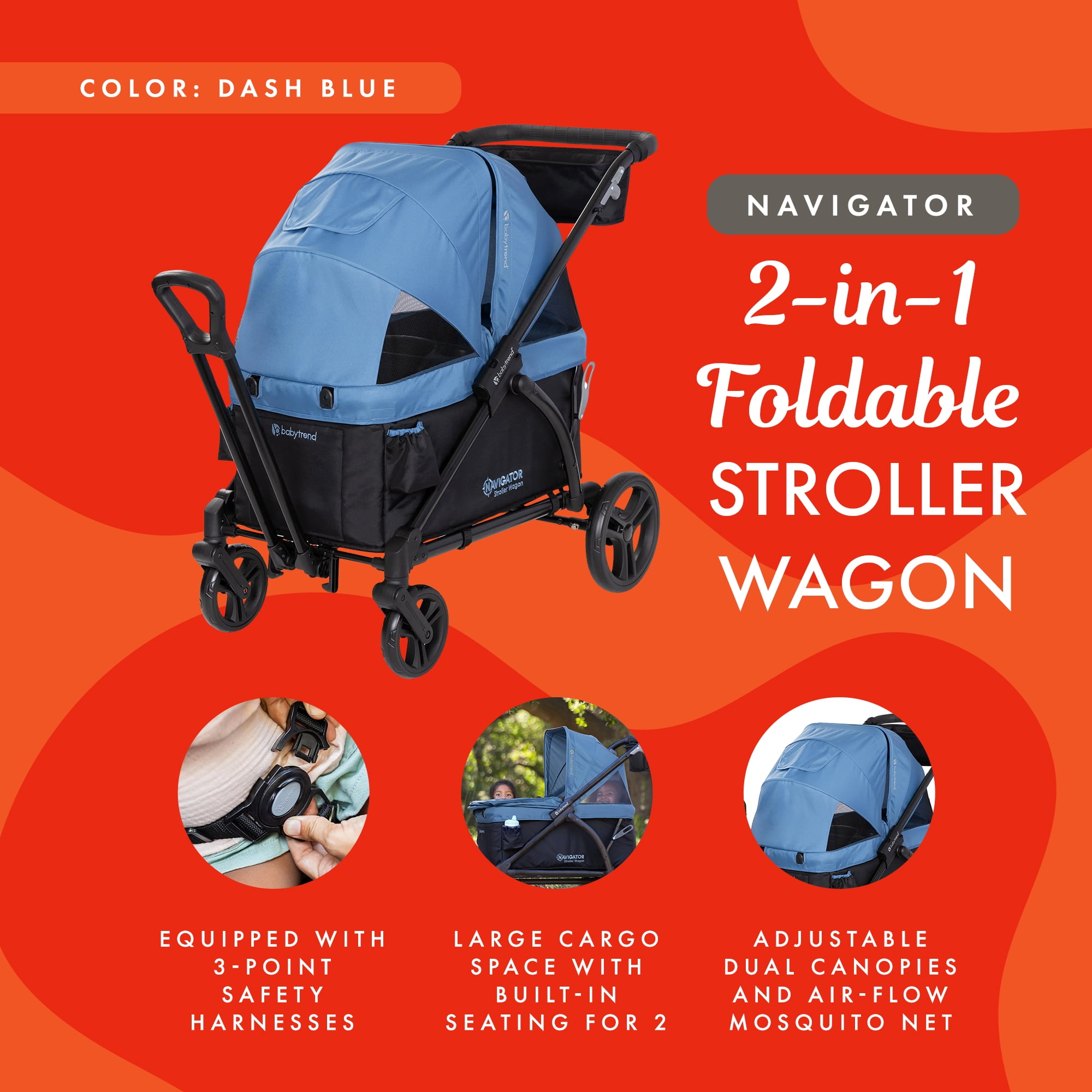 Baby Trend Navigator 2-in-1 Stroller Wagon with Dual Canopy - Dash Blue - Image 3