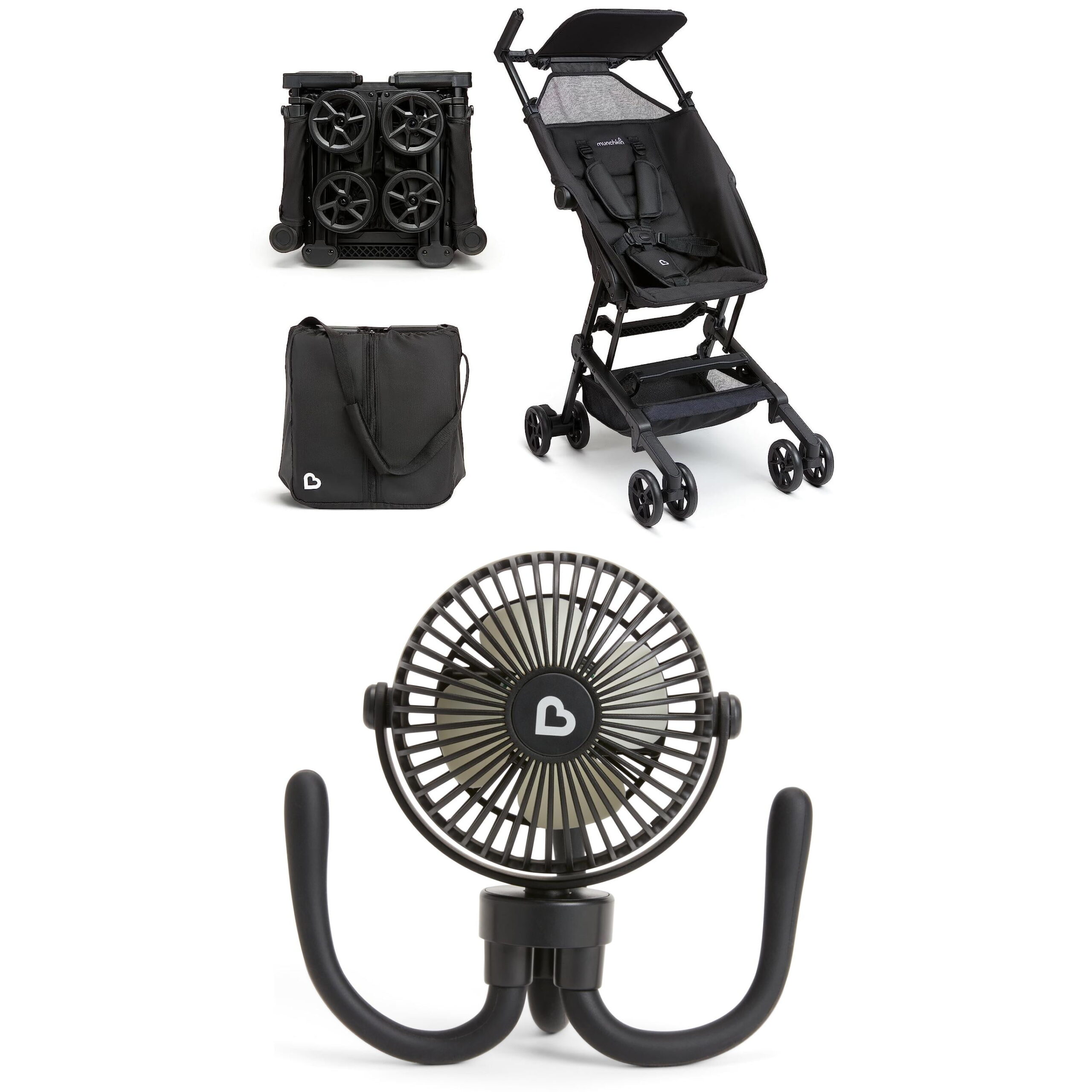 Munchkin® Sparrow™ Ultra Compact Lightweight Travel Stroller for Babies & Toddlers and Munchkin® Multi-Use Rechargeable Stroller Fan, Black