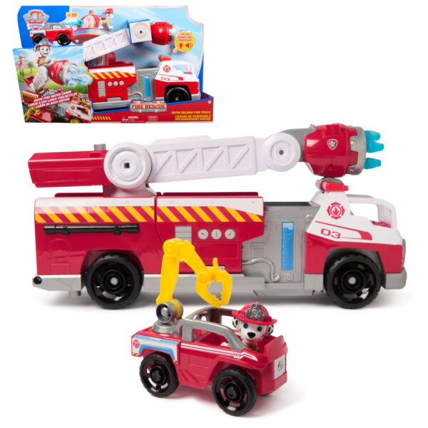 PAW Patrol Fire Rescue: Rapid Reload Fire Truck with Marshall, Projectile Launcher, Mini Vehicle & Sound Fx, for Kids 3+