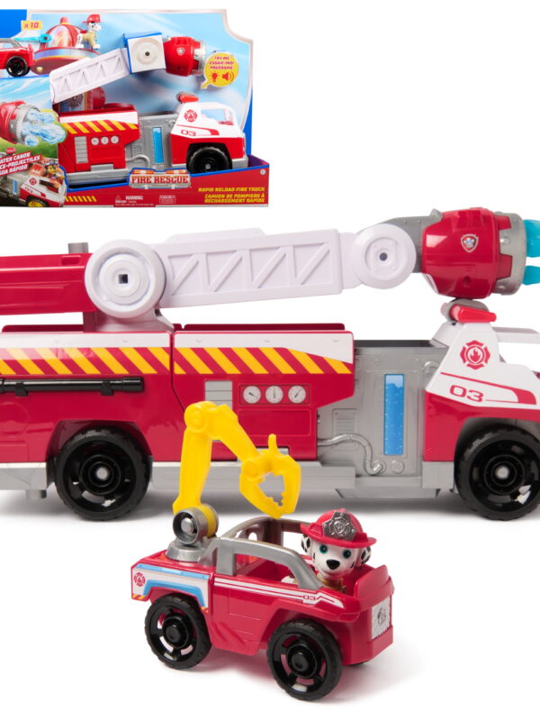PAW Patrol Fire Rescue: Rapid Reload Fire Truck with Marshall, Projectile Launcher, Mini Vehicle & Sound Fx, for Kids 3+