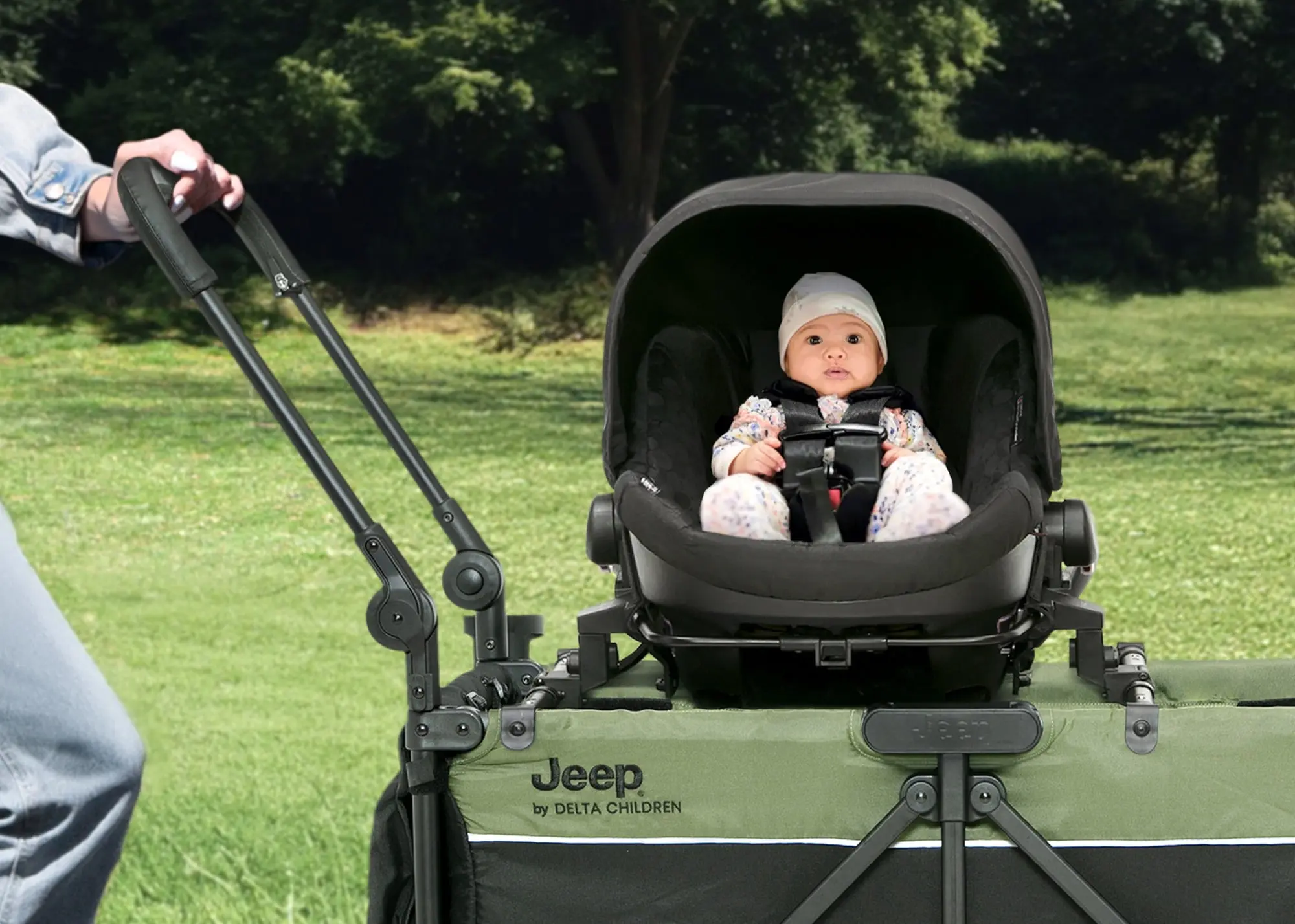 Jeep TurboGlyde Stroller Wagon by Delta Children – Extended Footwell for More Leg Room, Greenguard Gold Certified, Black/Green - Image 4