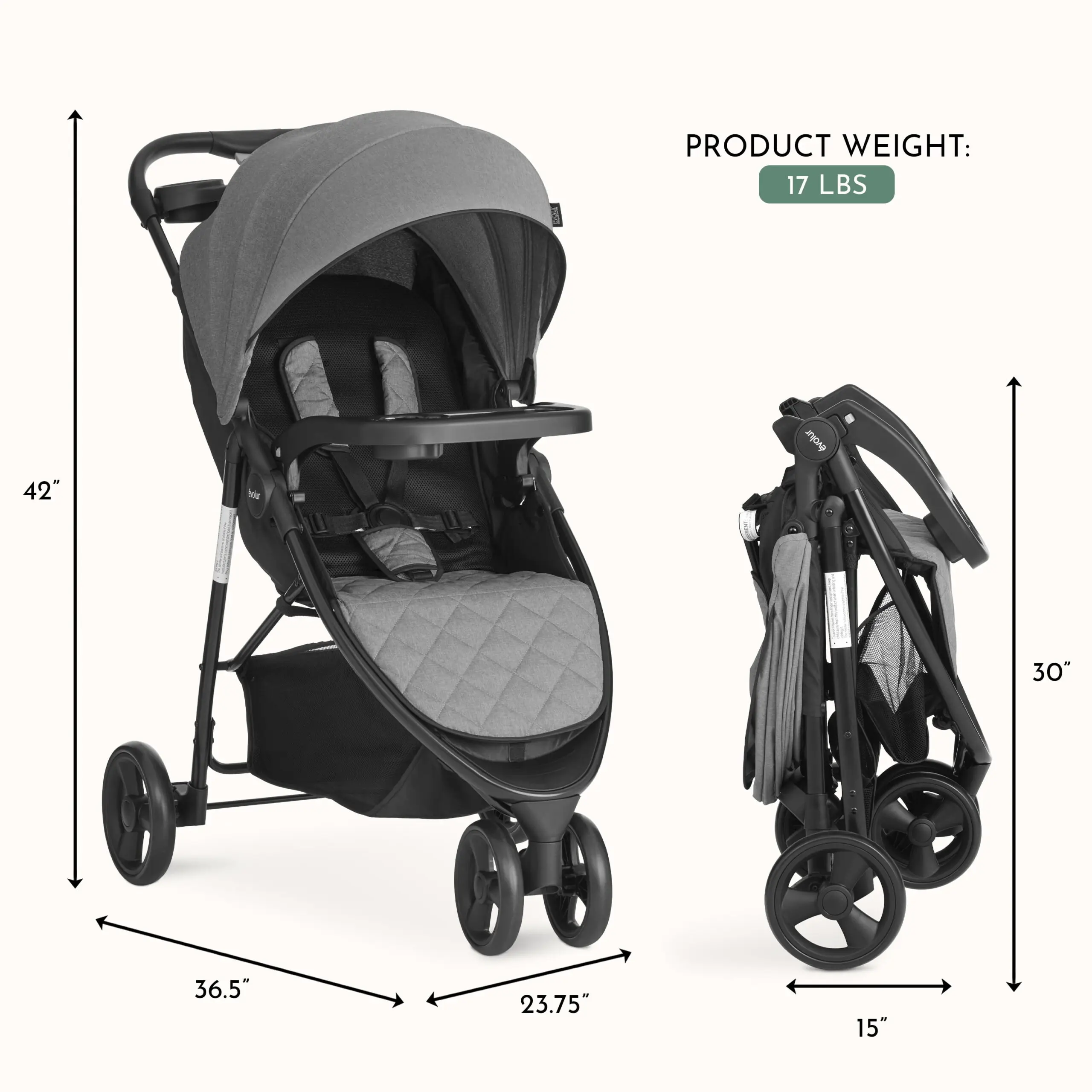 Evolur Breeze Lightweight Stroller Adjustable Backrest/Canopy, Storage Basket, Gray - Image 4