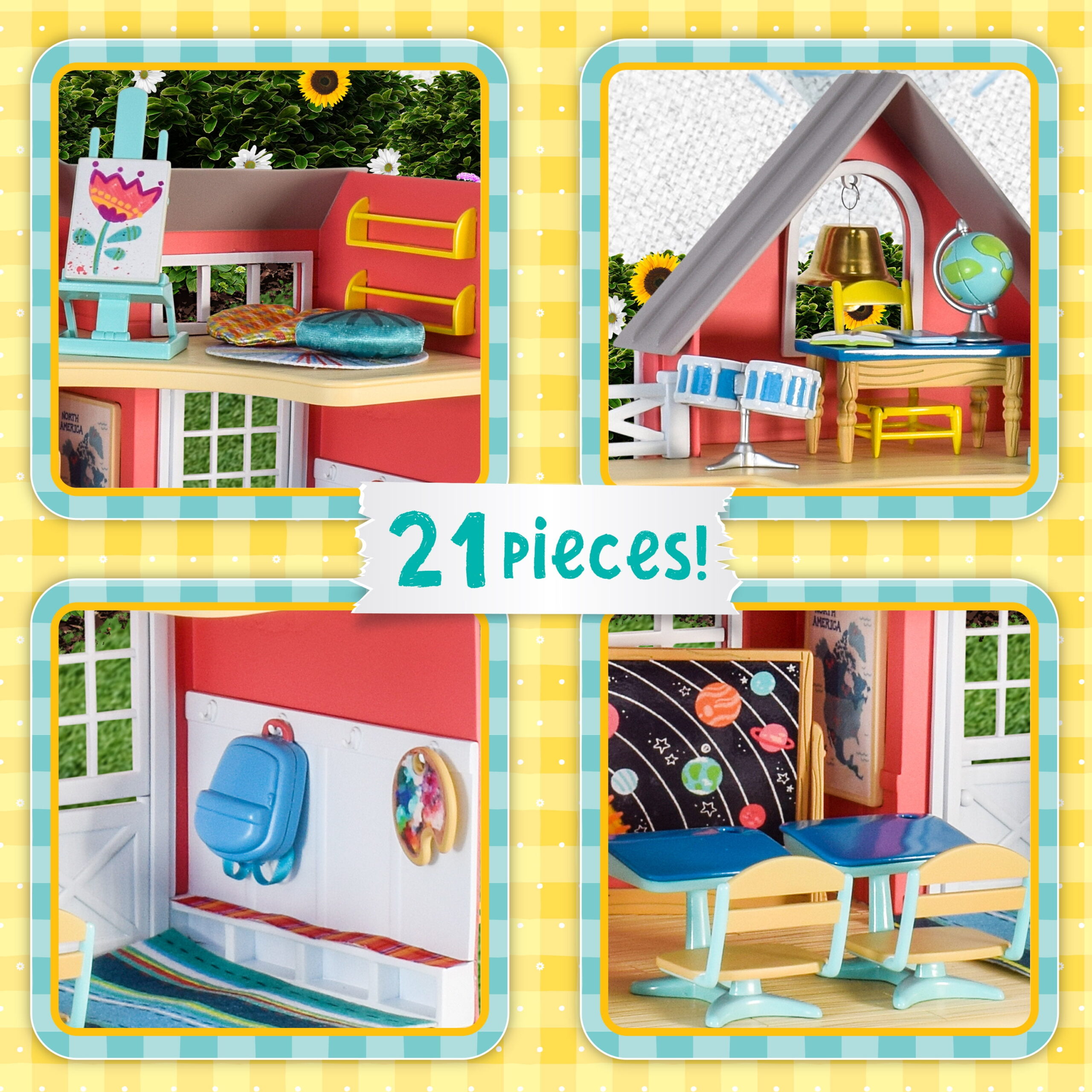 Honey Bee Acres Sunshine Meadow School – 21 Piece Miniature Dollhouse with Accessories & Exclusive Fox Figure – Pretend Play Set for Kids Ages 3+ - Image 2