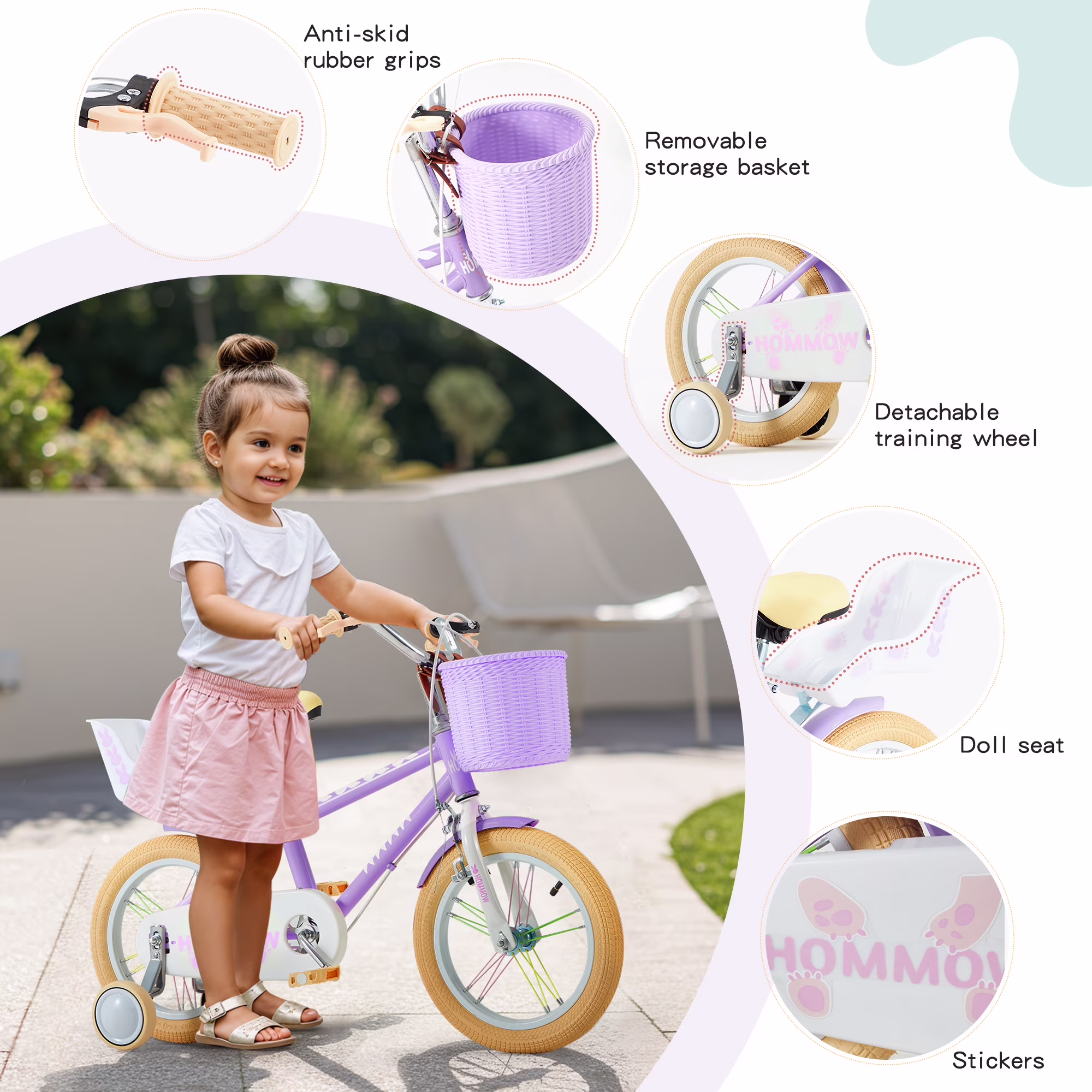 12 Inch Kids Bike for Boys & Girls Ages 3-12, Kids Bicycle with Training Wheels, Basket, Streamers & Doll Seat, Dual Brake Children Bike,Purple - Image 4