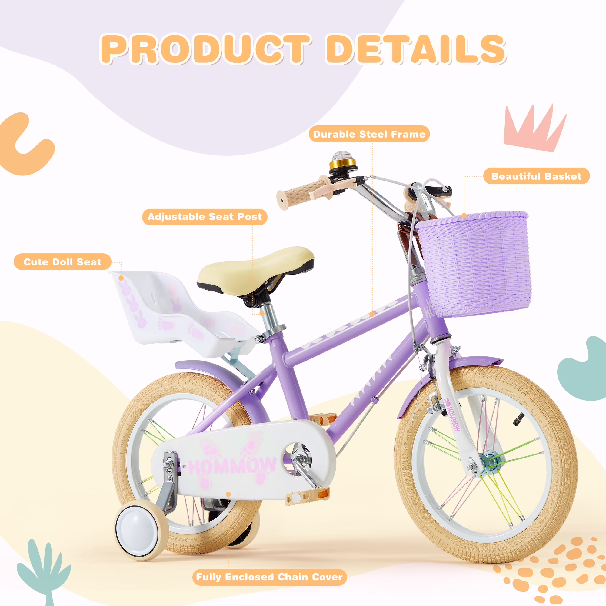 12 Inch Kids Bike for Boys & Girls Ages 3-12, Kids Bicycle with Training Wheels, Basket, Streamers & Doll Seat, Dual Brake Children Bike,Purple - Image 2