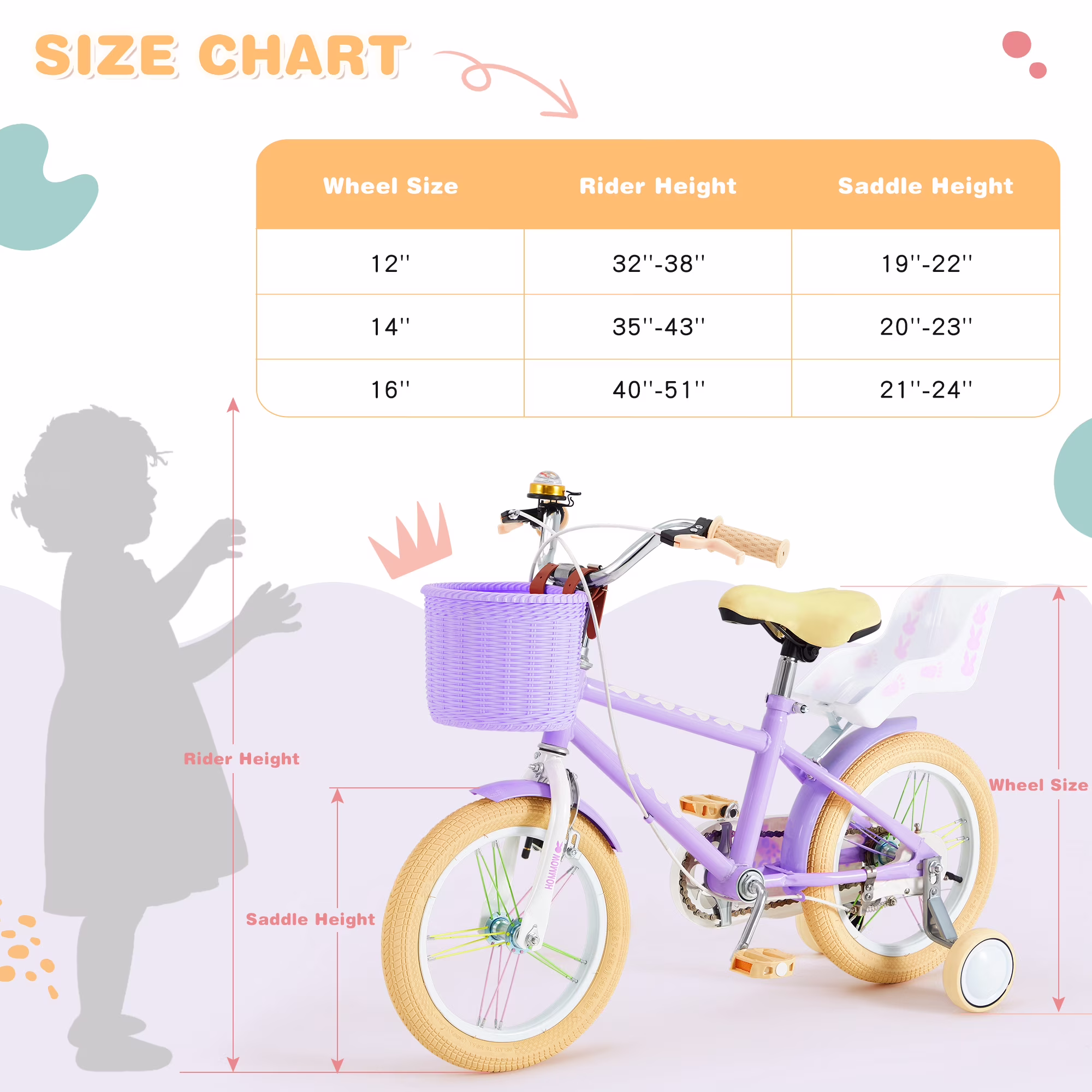12 Inch Kids Bike for Boys & Girls Ages 3-12, Kids Bicycle with Training Wheels, Basket, Streamers & Doll Seat, Dual Brake Children Bike,Purple - Image 3