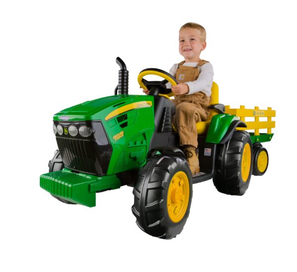 12 V Peg Perego John Deere Ground Force Extra-Large 12 Volt Ride-On Tractor with Trailer & FM Radio, Durable Design for Kids Ages 3