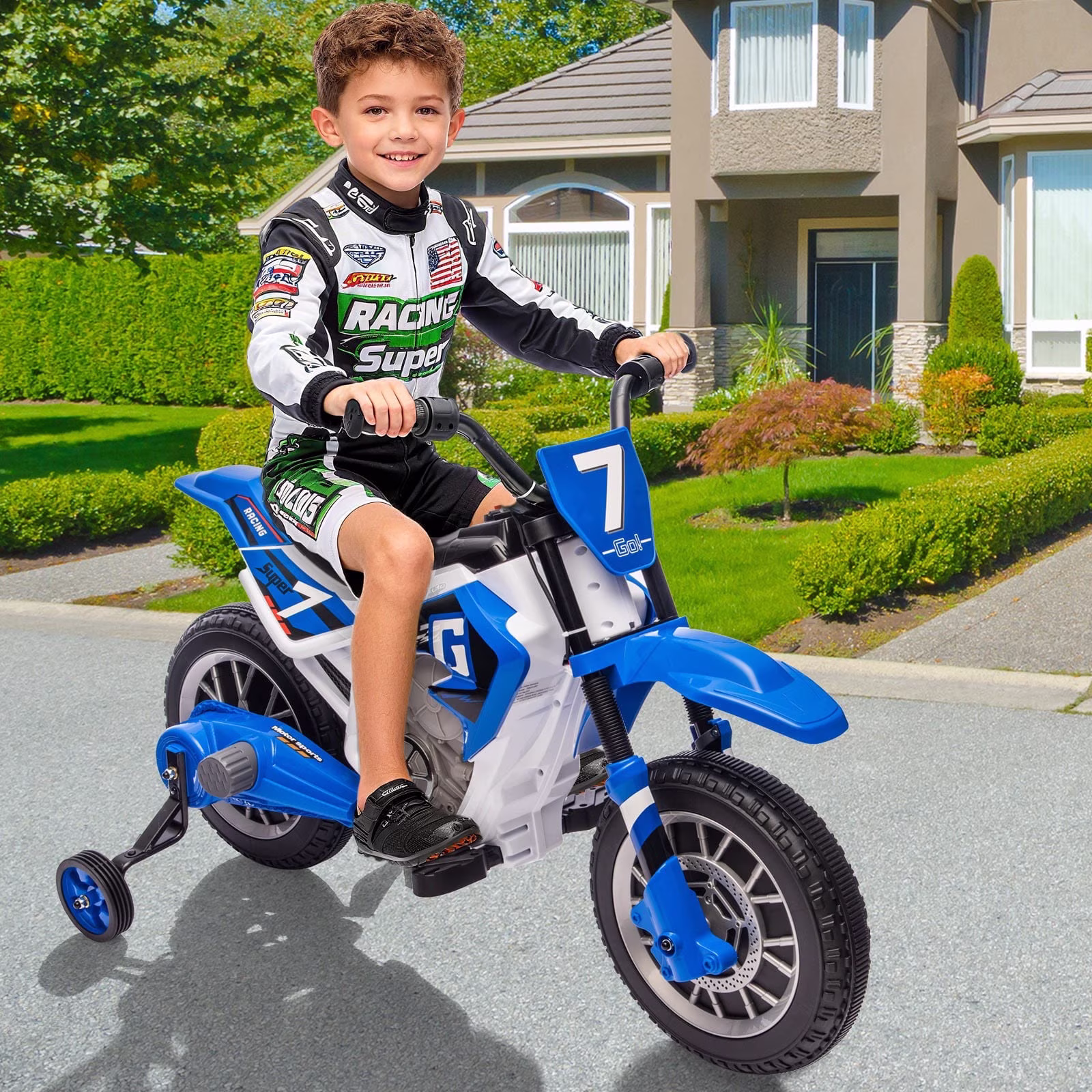 12V Battery Powered Kids Ride On Motorcycle Dirt Bike w/Training Wheels,2-Speeds,Music,Spring Suspension(Blue)