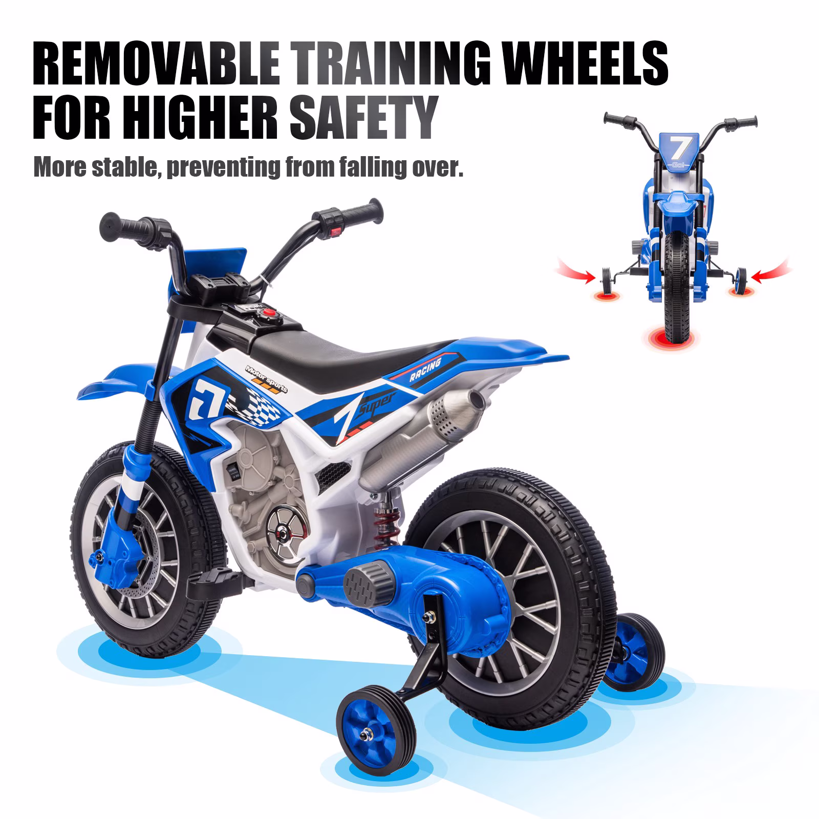 12V Battery Powered Kids Ride On Motorcycle Dirt Bike w/Training Wheels,2-Speeds,Music,Spring Suspension(Blue) - Image 2