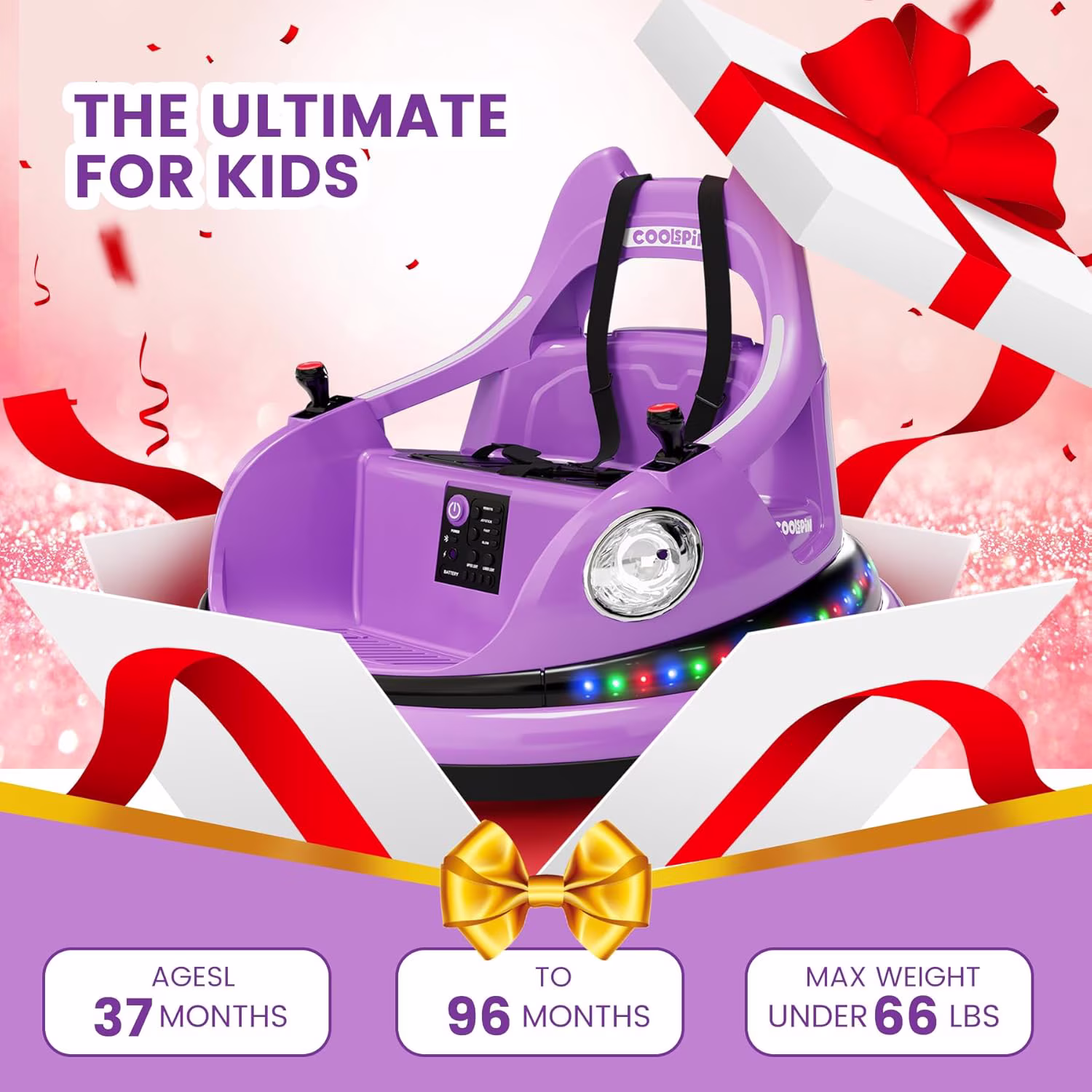 12V Bumper Car Ride-On Vehicle, 360° Rotatable Design, 2.4G Remote Control, 2-Speed Modes, 5-Point Safety Harness, Soft Bumper, Colorful LED Lights & Built-In Music,Purple - Image 4