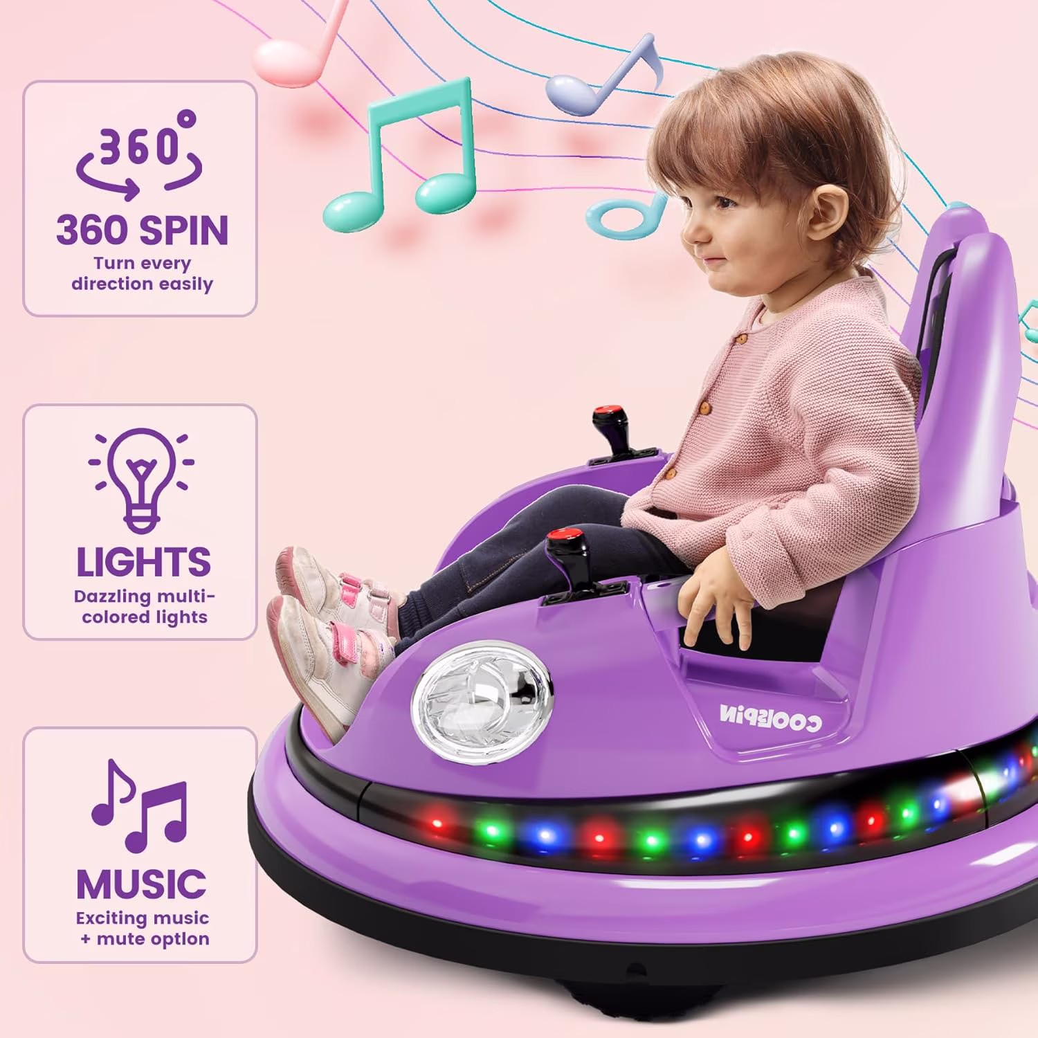 12V Bumper Car Ride-On Vehicle, 360° Rotatable Design, 2.4G Remote Control, 2-Speed Modes, 5-Point Safety Harness, Soft Bumper, Colorful LED Lights & Built-In Music,Purple - Image 2