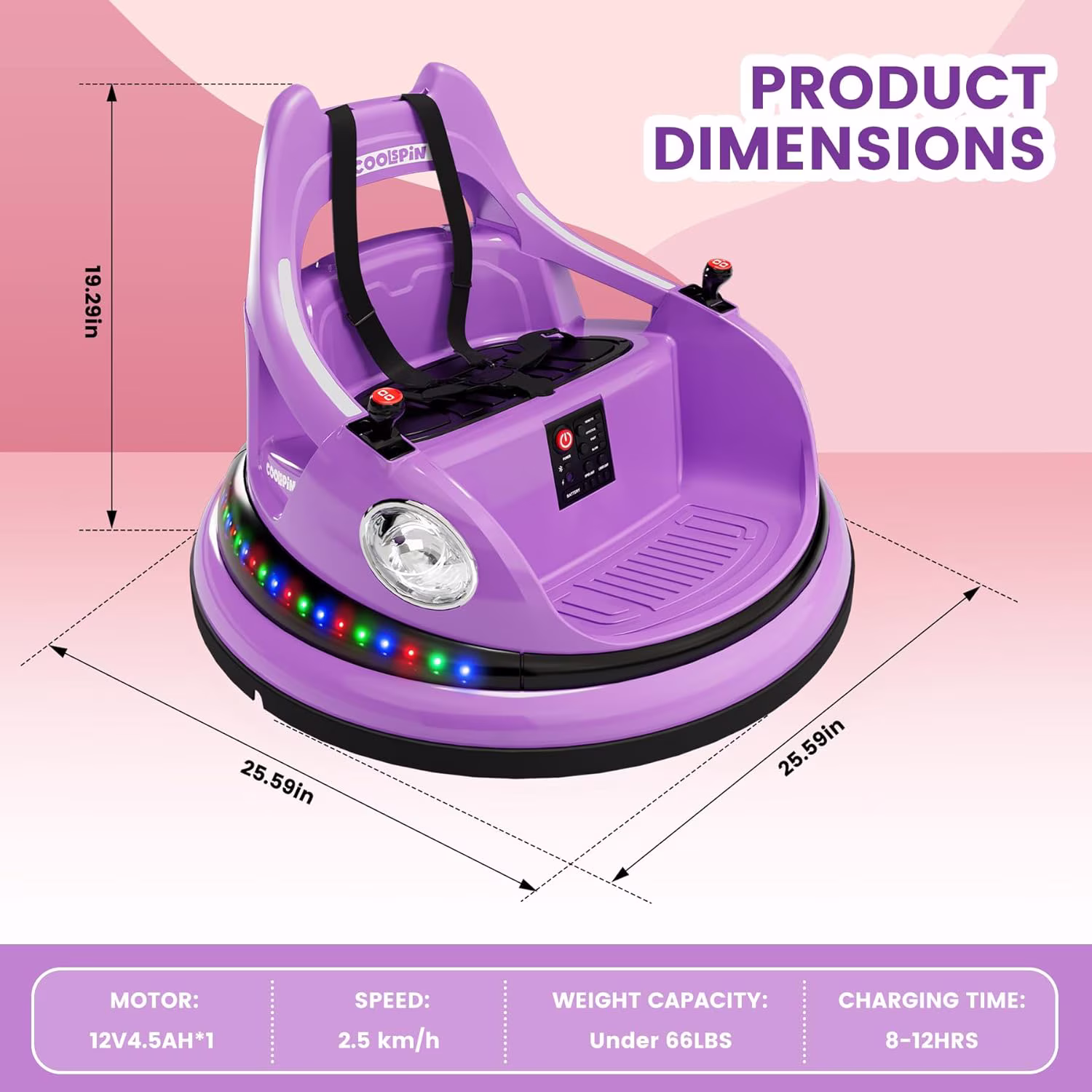 12V Bumper Car Ride-On Vehicle, 360° Rotatable Design, 2.4G Remote Control, 2-Speed Modes, 5-Point Safety Harness, Soft Bumper, Colorful LED Lights & Built-In Music,Purple - Image 3