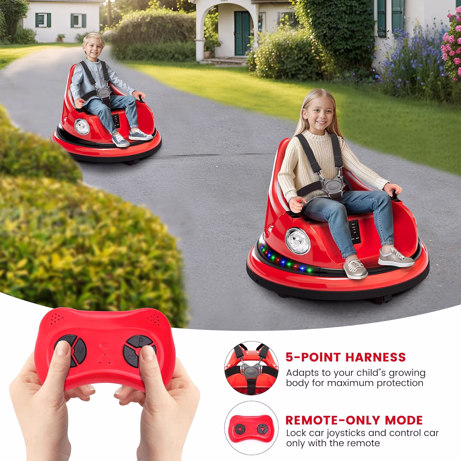 12V Bumper Car Ride-On Vehicle, 360° Rotatable Design, 2.4G Remote Control, 2-Speed Modes, 5-Point Safety Harness, Soft Bumper, Colorful LED Lights & Built-In Music,Red - Image 4