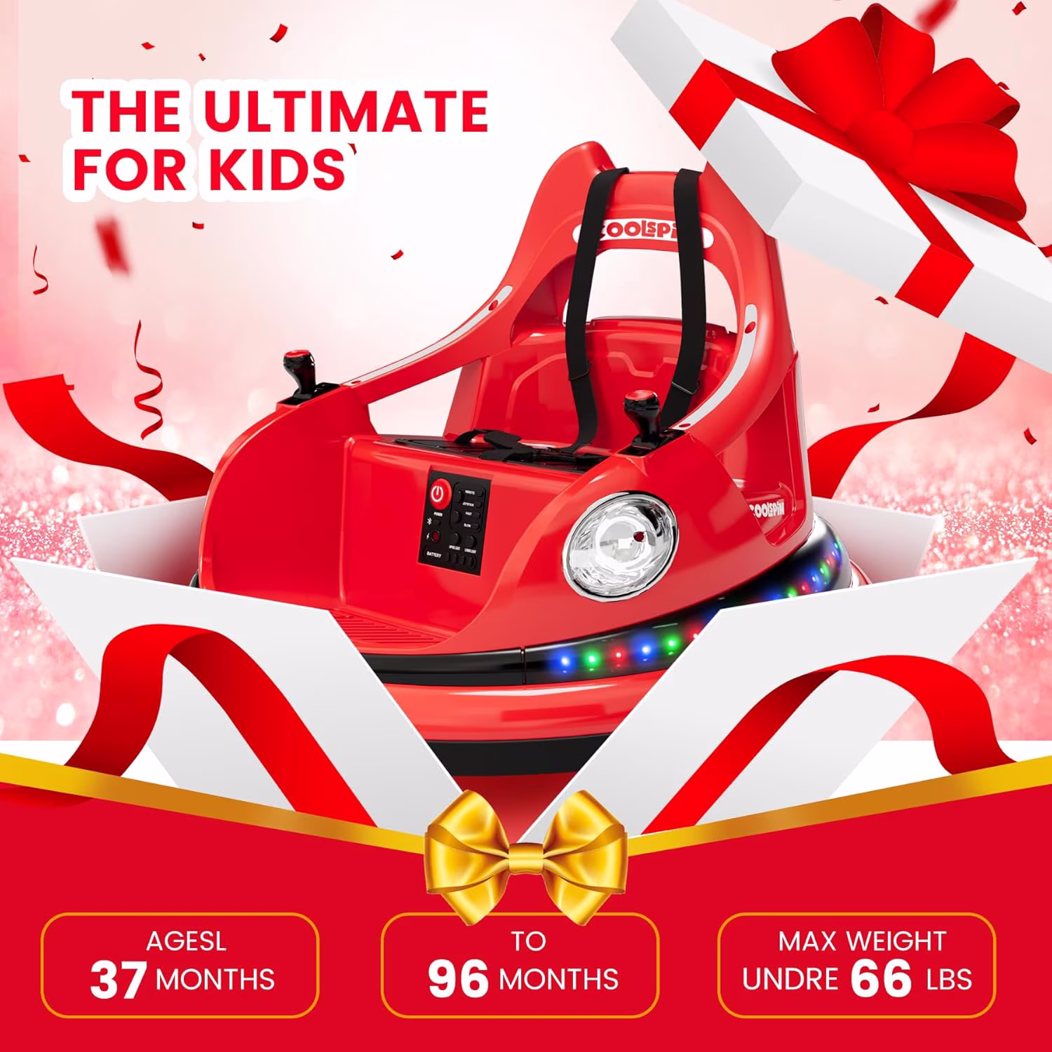 12V Bumper Car Ride-On Vehicle, 360° Rotatable Design, 2.4G Remote Control, 2-Speed Modes, 5-Point Safety Harness, Soft Bumper, Colorful LED Lights & Built-In Music,Red - Image 5
