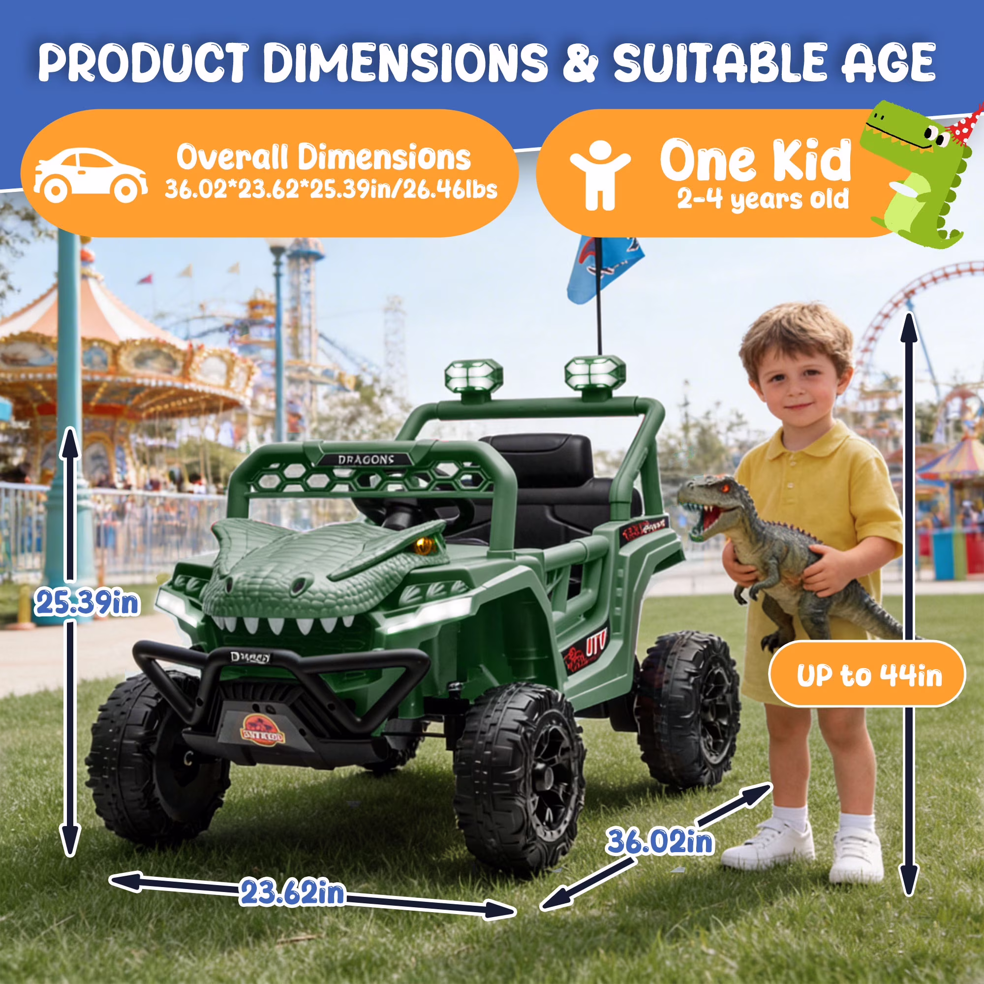 12V Dinosaur Ride on Car for Toddlers Ages 2-4, Kids Electric Ride on Toy with Remote Control, 2.49-3.11 MPH, Dual 35W Motors, Bluetooth, USB, LED, 4 Wheel Suspension Electric Cars for Kids, Green - Image 4
