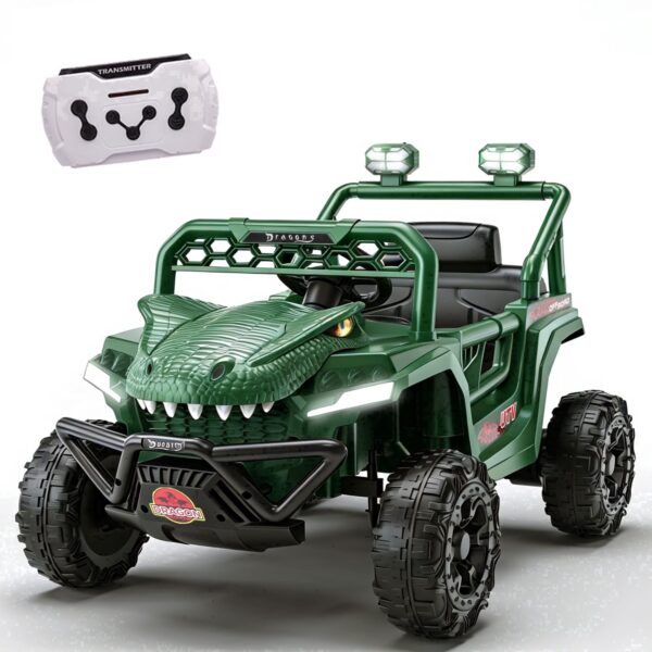 12V Dinosaur Ride on Car for Toddlers Ages 2-4, Kids Electric Ride on Toy with Remote Control, 2.49-3.11 MPH, Dual 35W Motors, Bluetooth, USB, LED, 4 Wheel Suspension Electric Cars for Kids, Green